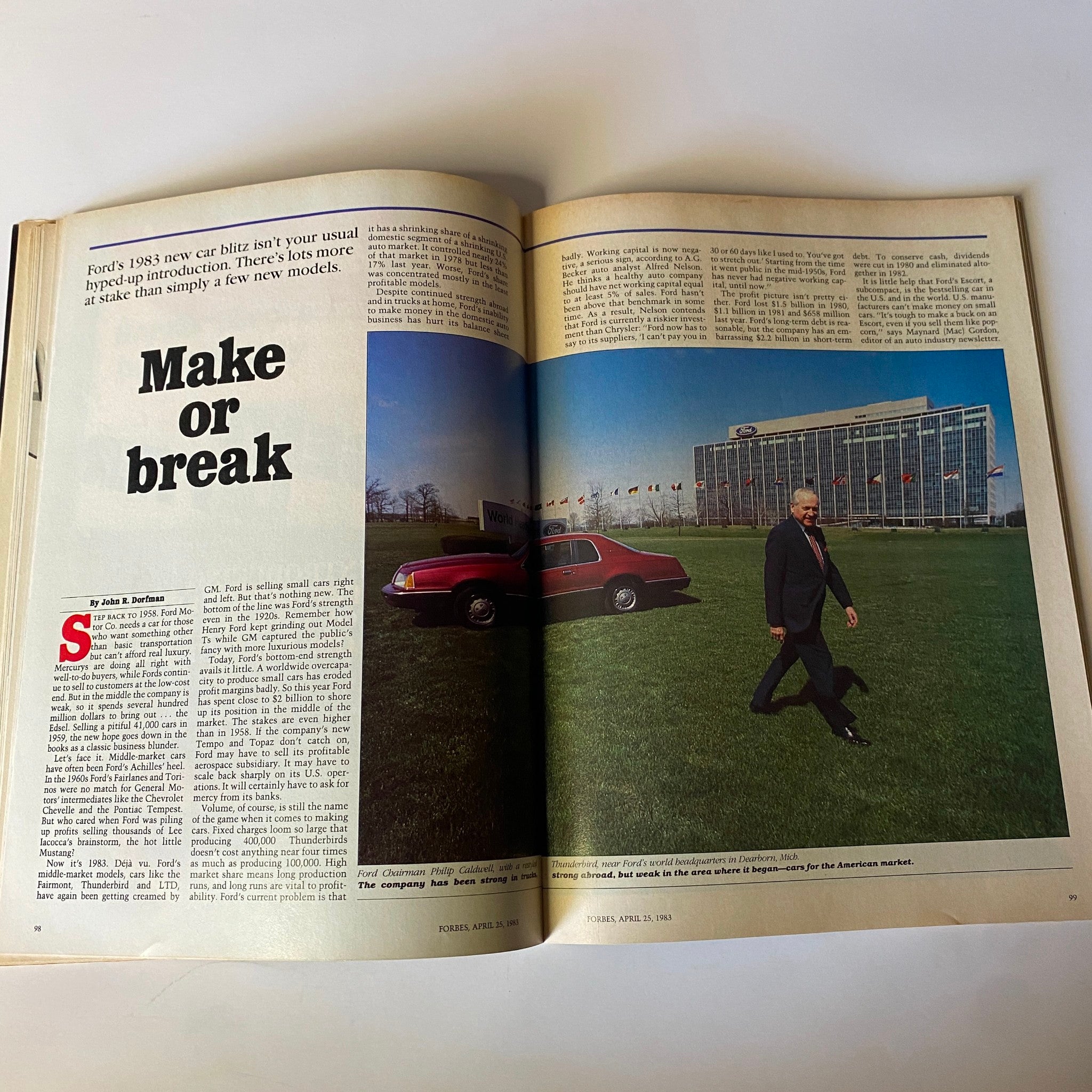 Forbes Magazine April 25, 1983 Ford Motor's Make-or-Break Year, highlighting an article titled 'Make or break' discussing Ford's automotive strategies.