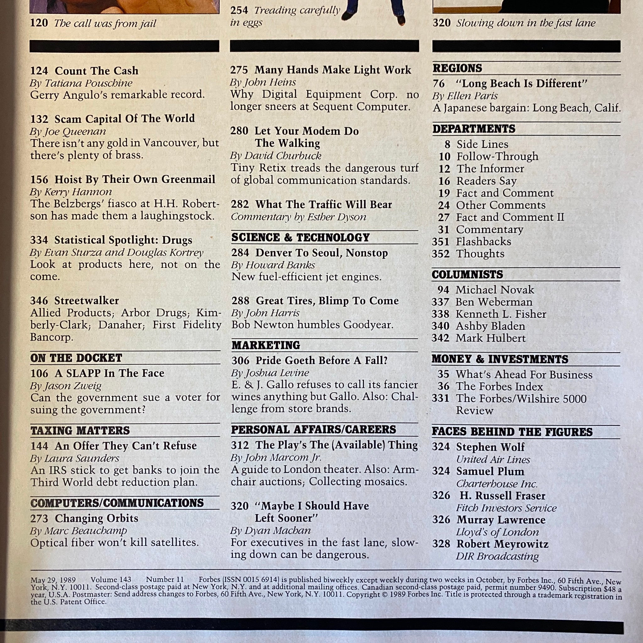 Interior page of Forbes Magazine May 29, 1989 showing the table of contents and article indexes for the featured content.