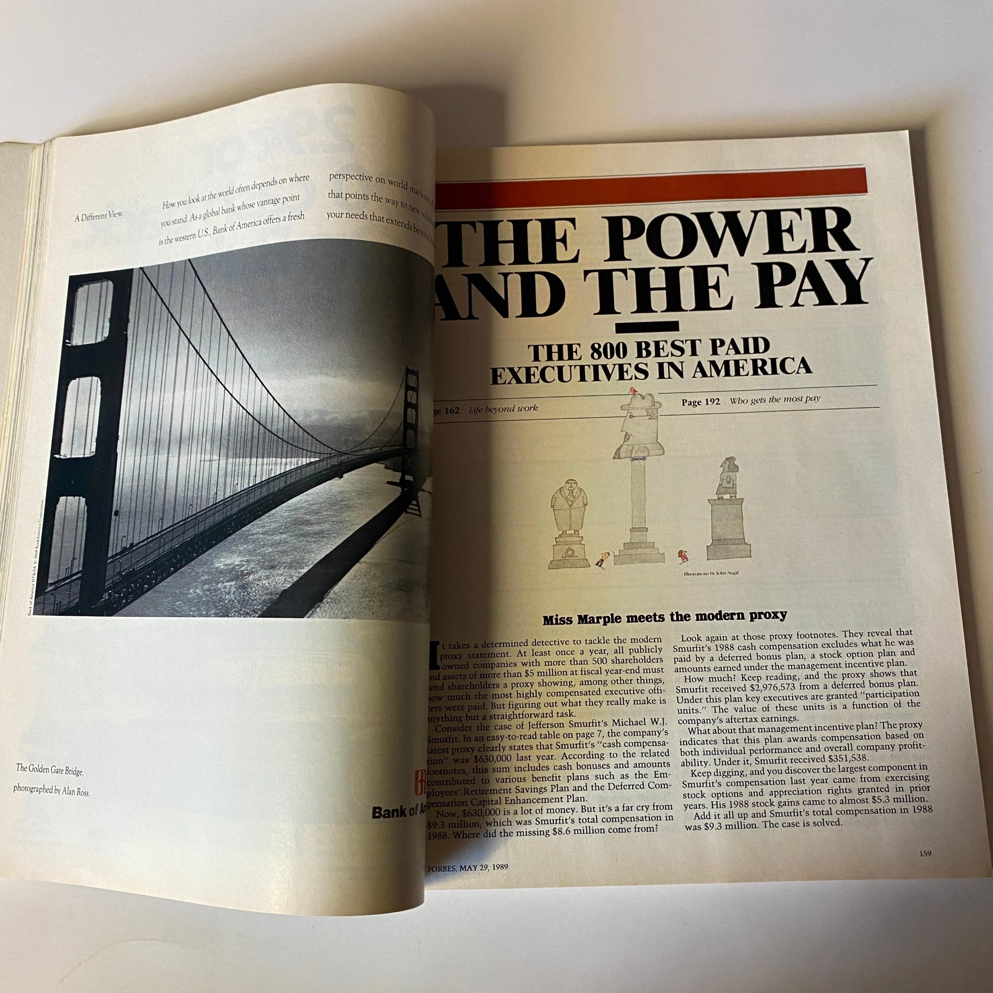 Opened interior of Forbes Magazine May 29, 1989 displaying the article titled 'The Power and The Pay' discussing the 800 best-paid executives in America.