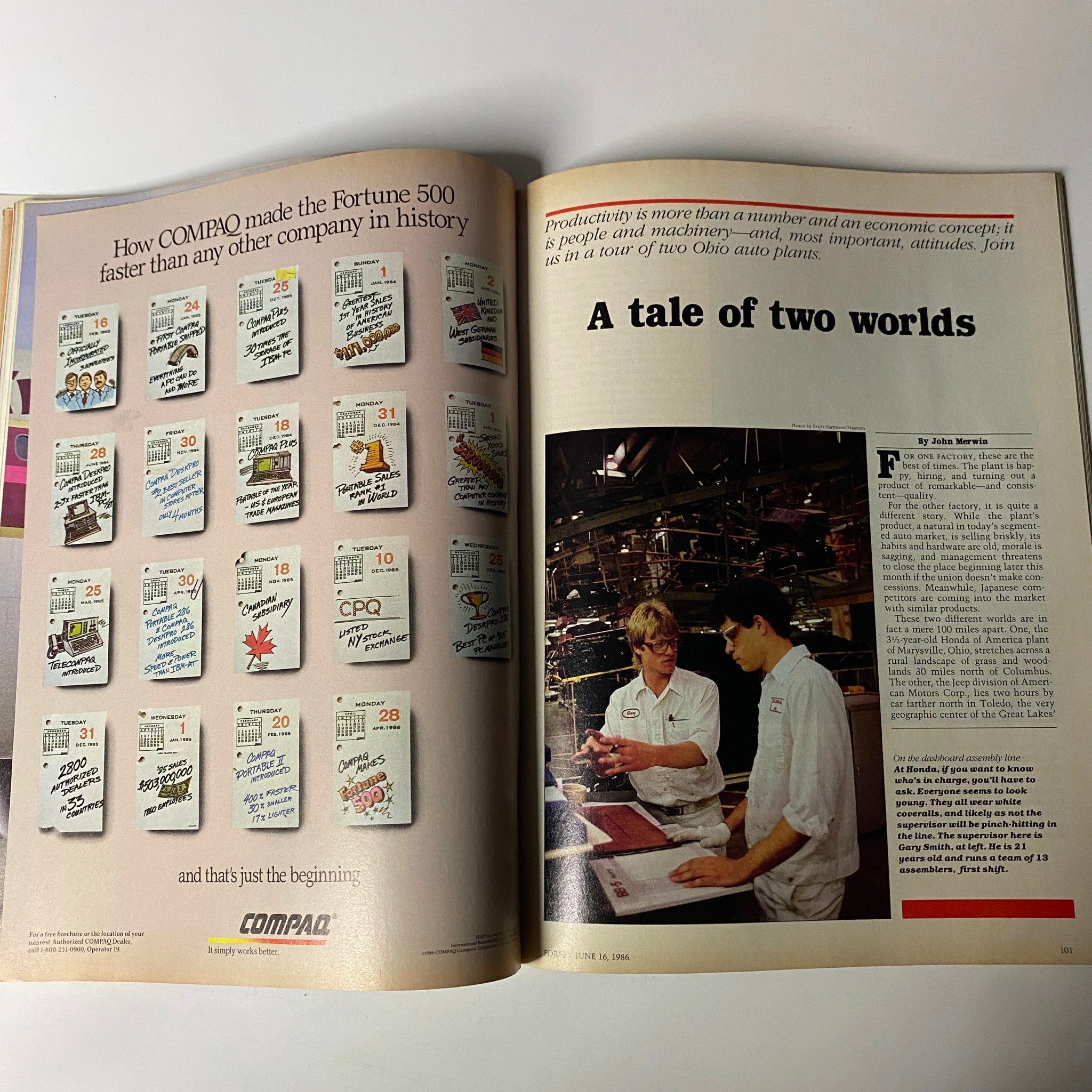 Forbes Magazine June 16, 1986 highlighting an advertisement and featuring insights on productivity measures within automotive manufacturing.