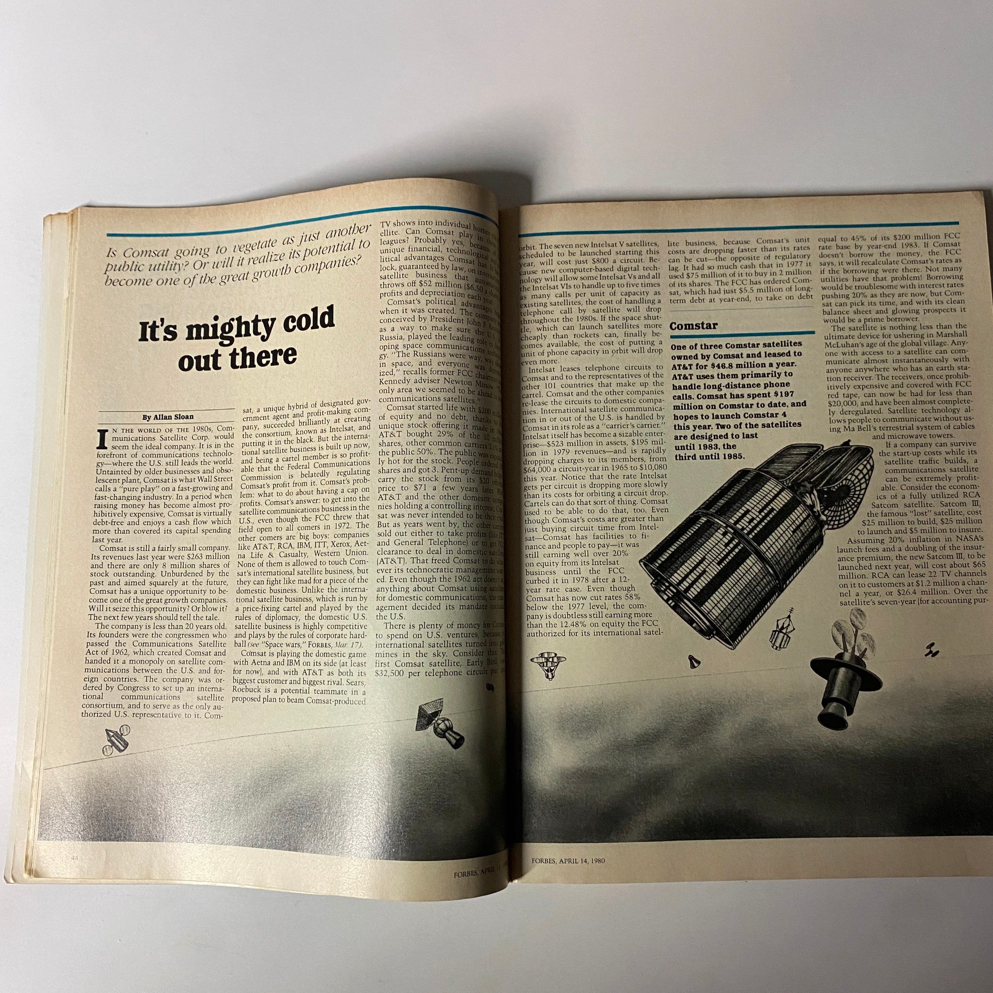 Article page in Forbes Magazine, April 14, 1980, focusing on the Communications Satellite Corp. and the potential of satellite technology.