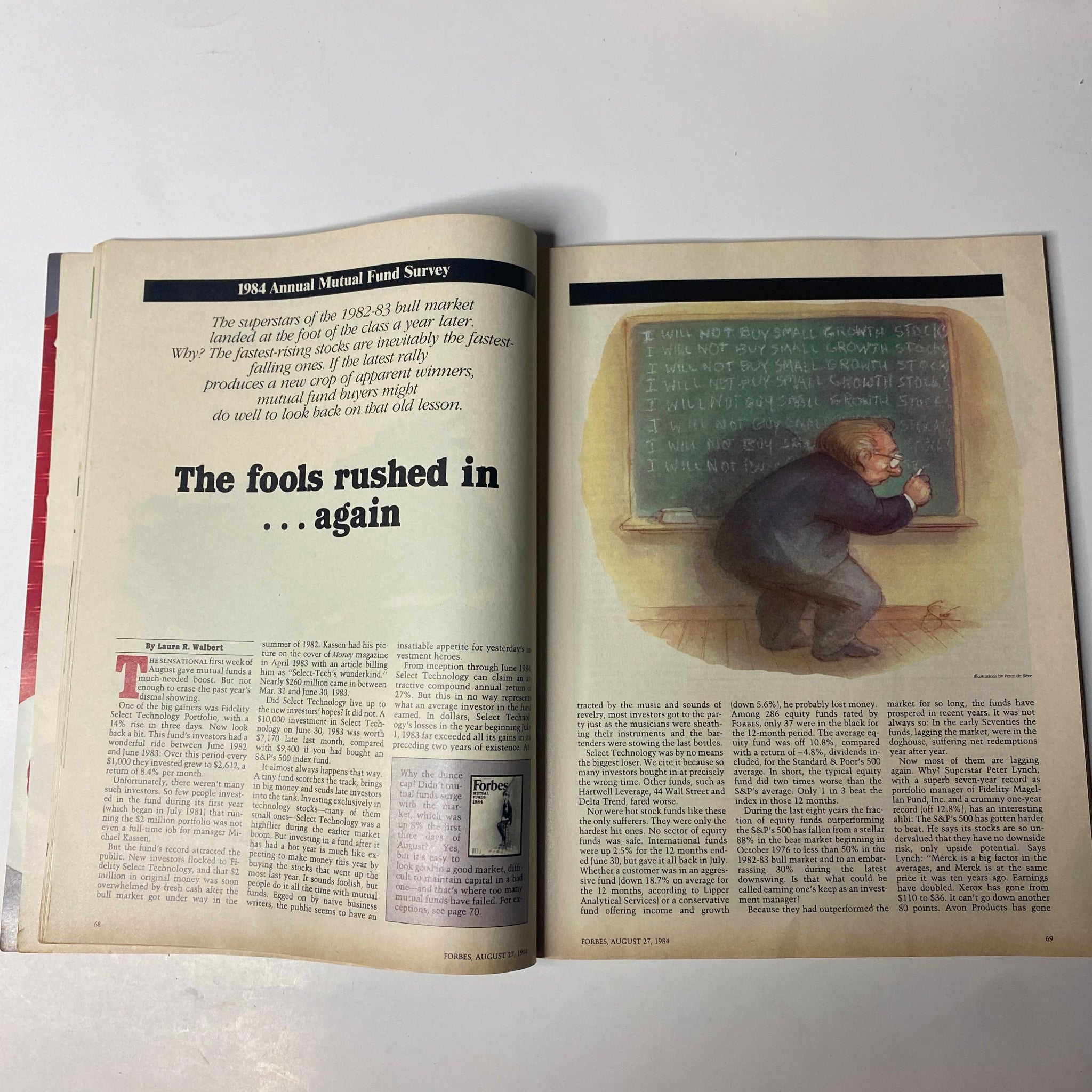 Illustrated article from Forbes Magazine August 27, 1984 discussing the annual mutual fund survey, emphasizing investment lessons with the headline 'The fools rushed in ... again'.