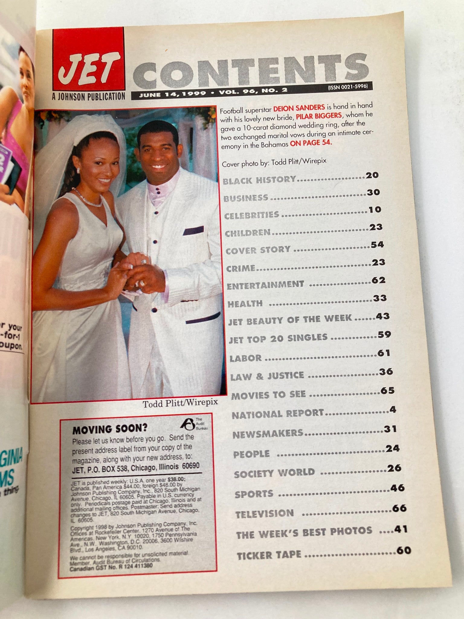 Jet Magazine June 14 1999 Vol 96 #2 Deion Sanders and Pilar Biggers