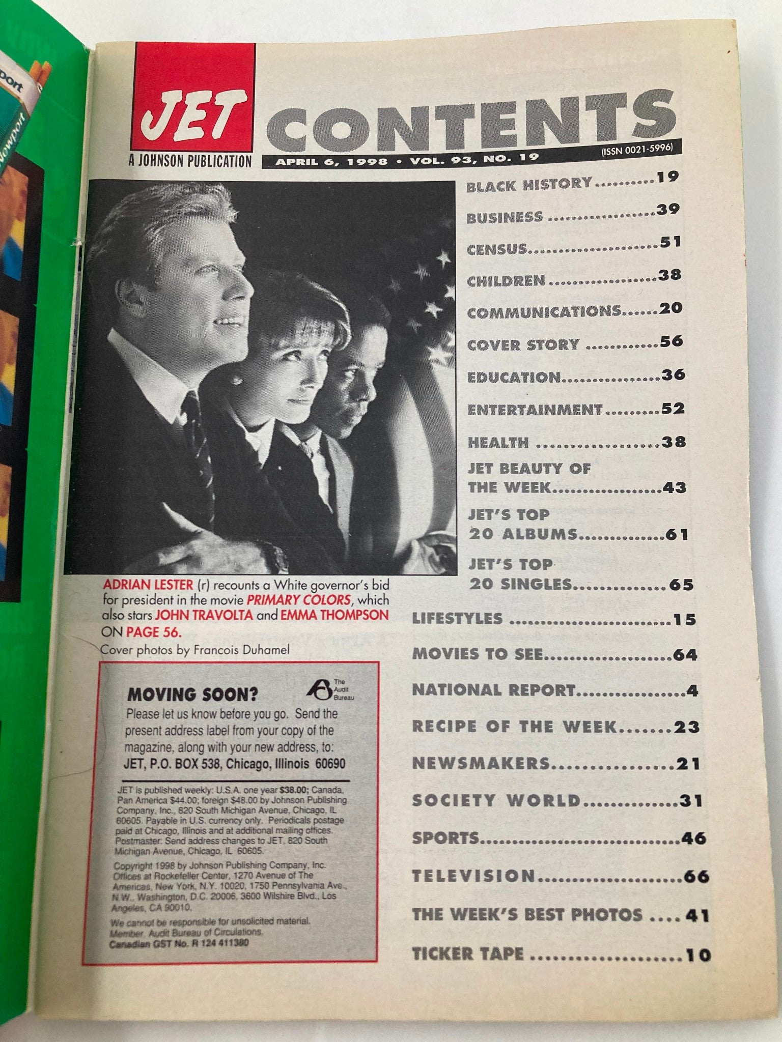 Jet Magazine April 6 1998 Vol 93 #19 Adrian Lester, Emma Thompson & Travolta