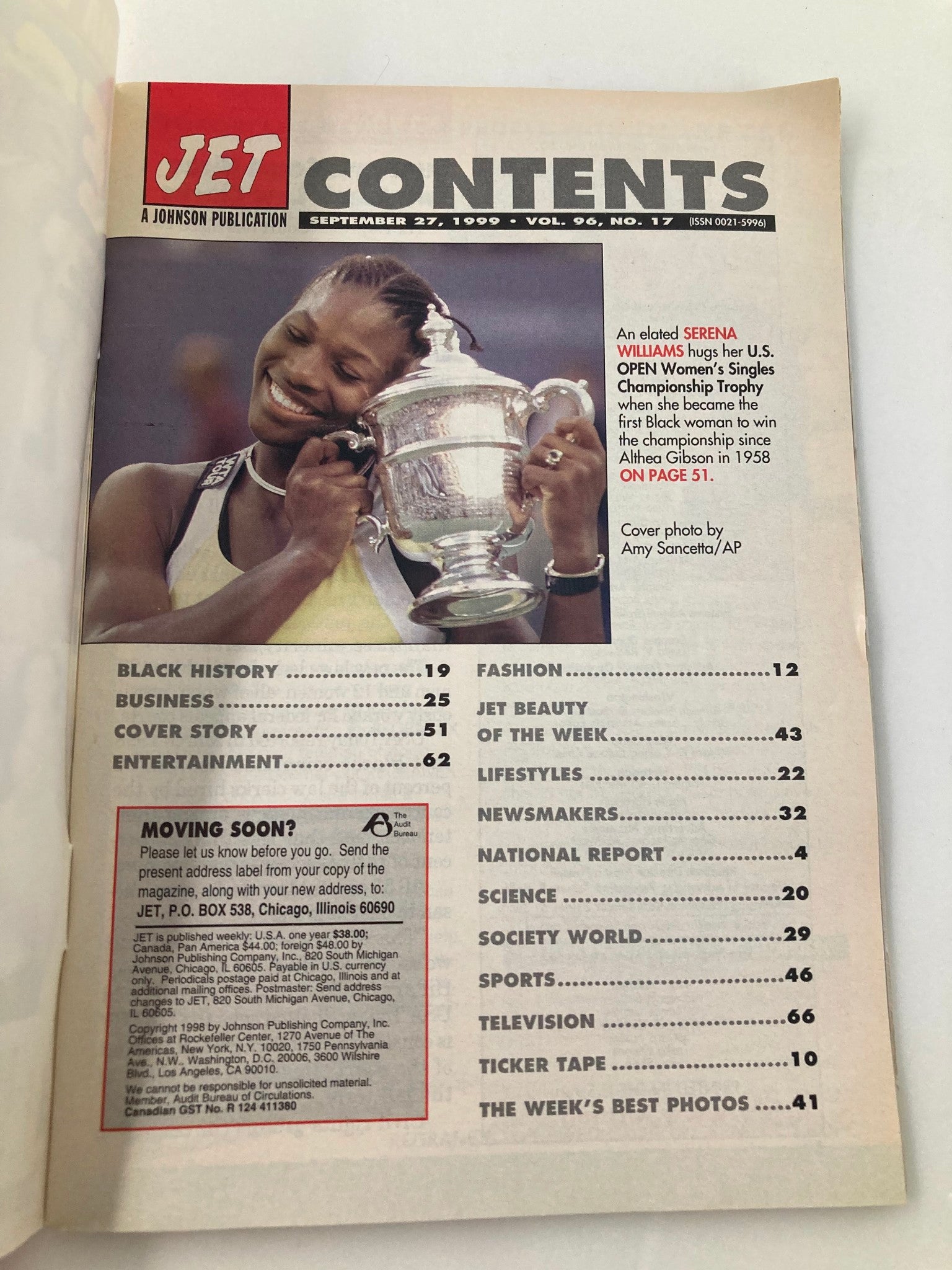 Jet Magazine September 27 1999 Vol 96 #17 Serena Williams Wins at U.S. Open