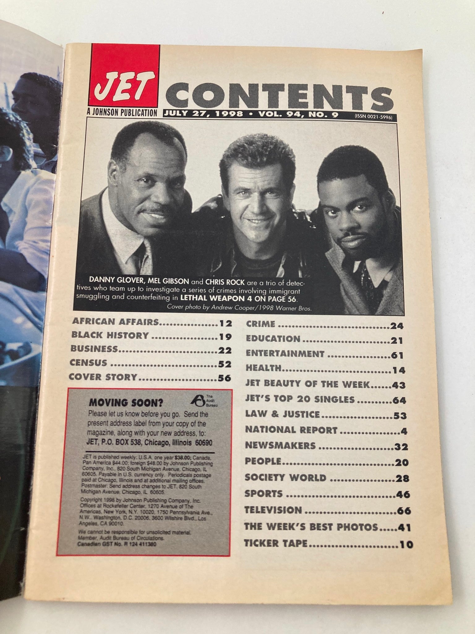 Jet Magazine July 27 1998 Vol 94 #9 Danny Glover, Chris Rock & Mel Gibson