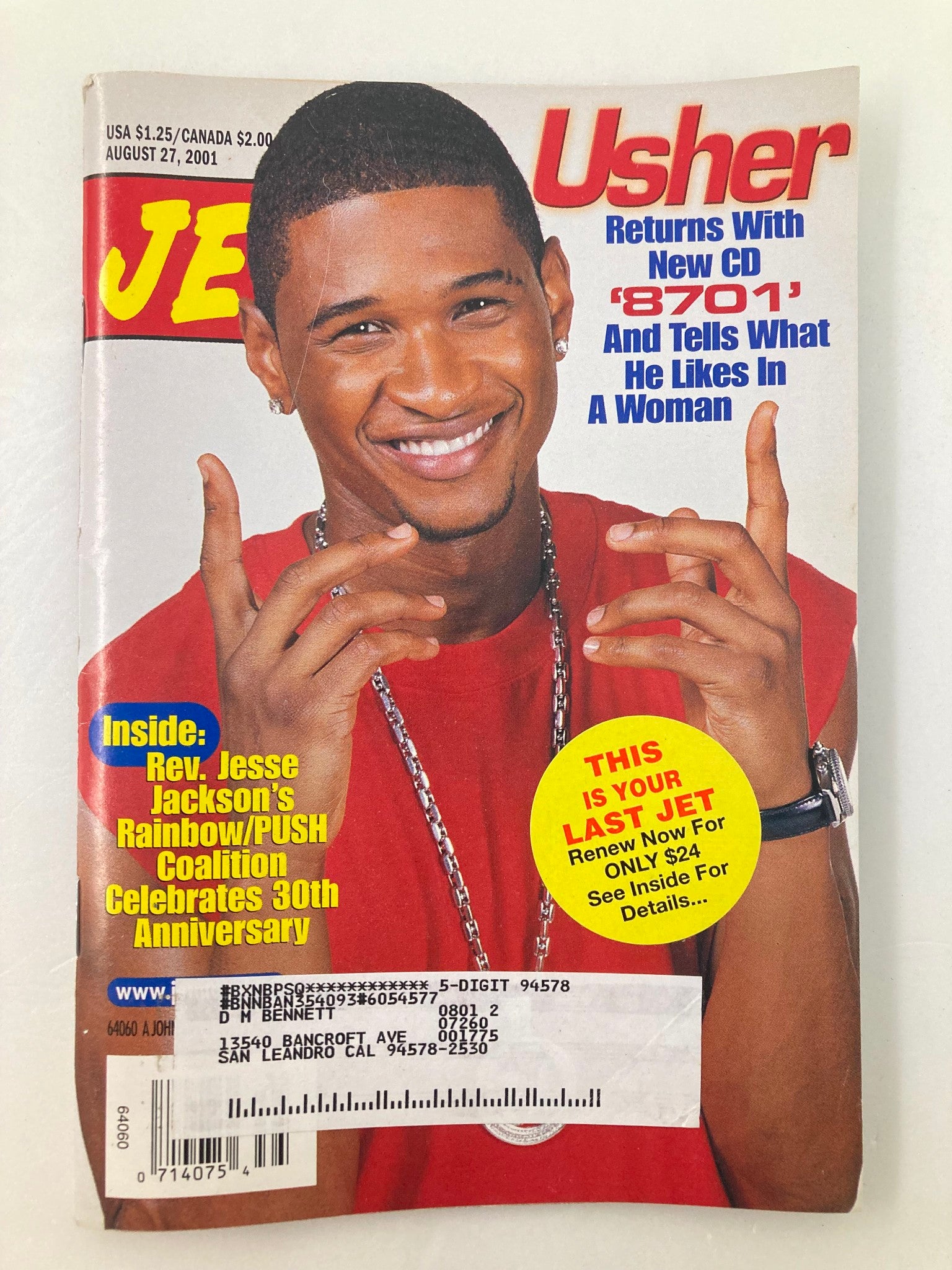 Jet Magazine August 27 2001 Vol 100 #11 Usher, Jesse L. Jackson & Jim Press