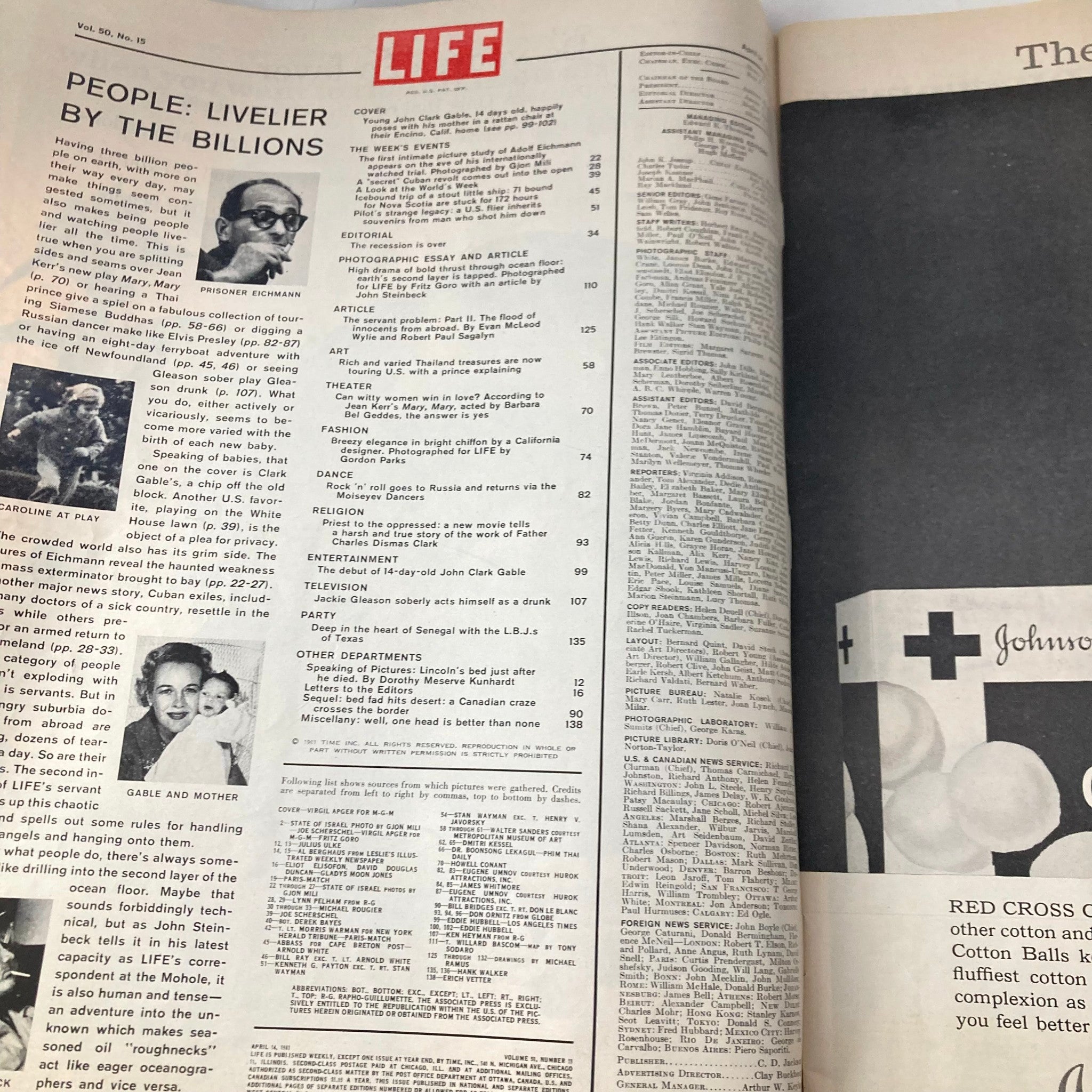 VTG Life Magazine April 14 1961 Vol 50 #15 Kay Williams Gable & John Clark Gable