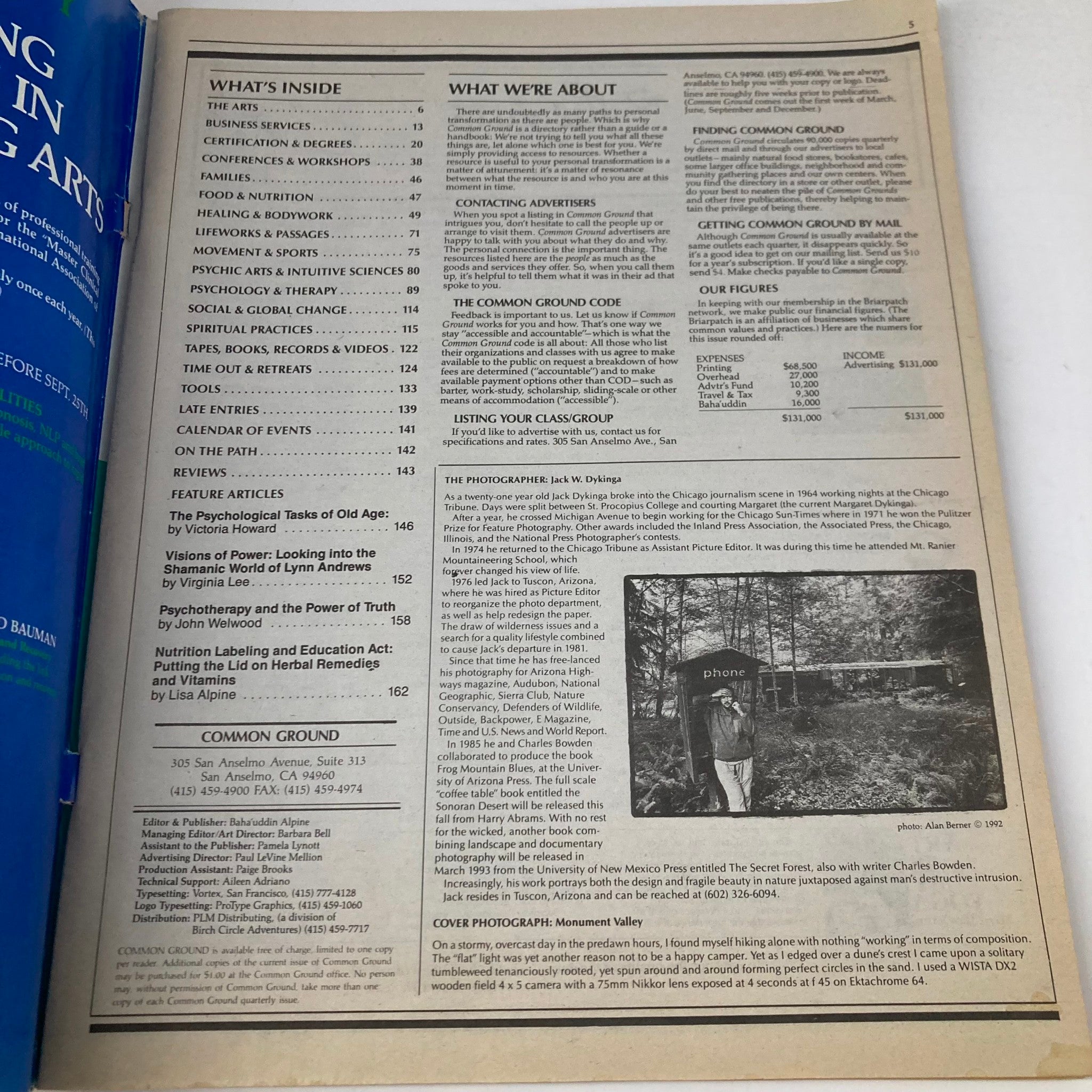 Inside page of Common Ground Magazine Autumn 1992 Issue 73 showcasing the table of contents and feature articles, including discussions on Lynn Andrews' perspectives and psychological topics.