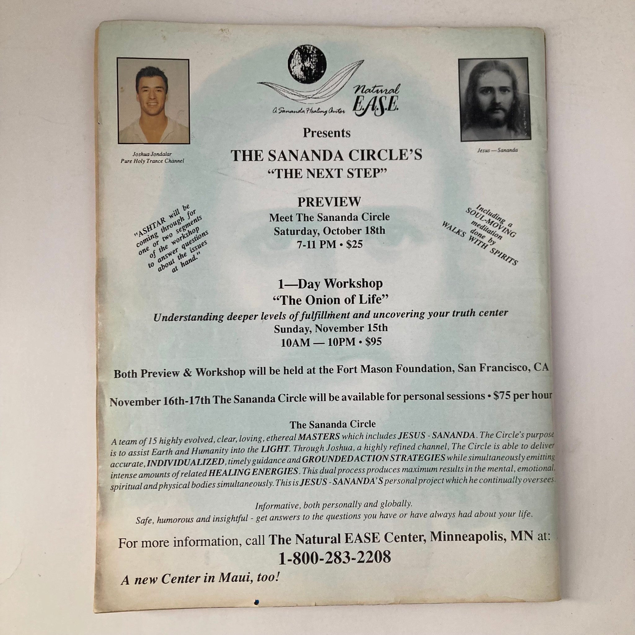 Promotional flyer for 'The Sananda Circle’s The Next Step' featuring details about upcoming workshops and previews, including 'The Onion of Life' workshop. Includes images of Joshua Jandalat, a trance channel, and Jesus, emphasizing spiritual themes, dated October 1992. Related to the Common Ground Magazine Autumn 1992 Issue 73 - World of Lynn Andrews.