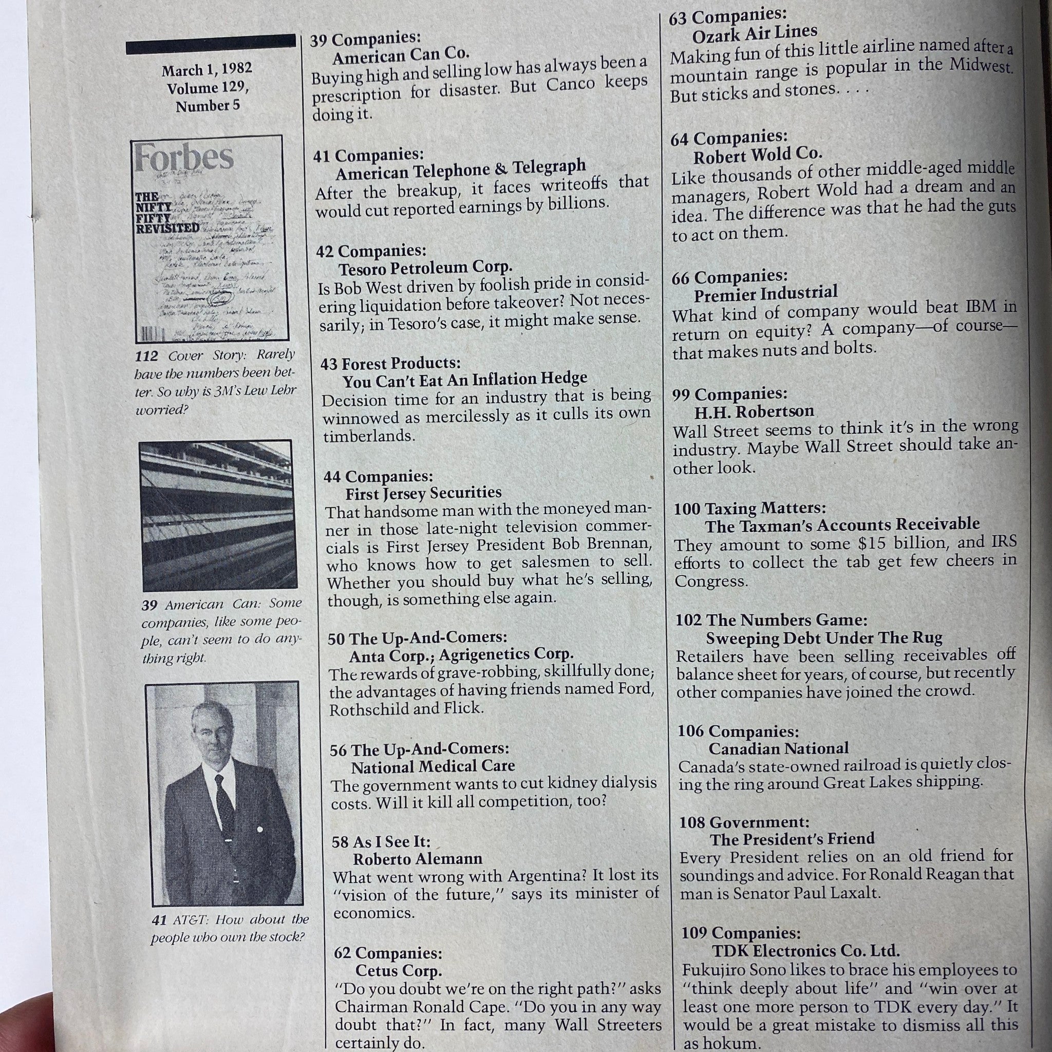 Interior page of Forbes Magazine, March 1, 1982, with listed companies including American Can Co. and American Telephone & Telegraph, showcasing the magazine's exploration of financial trends.