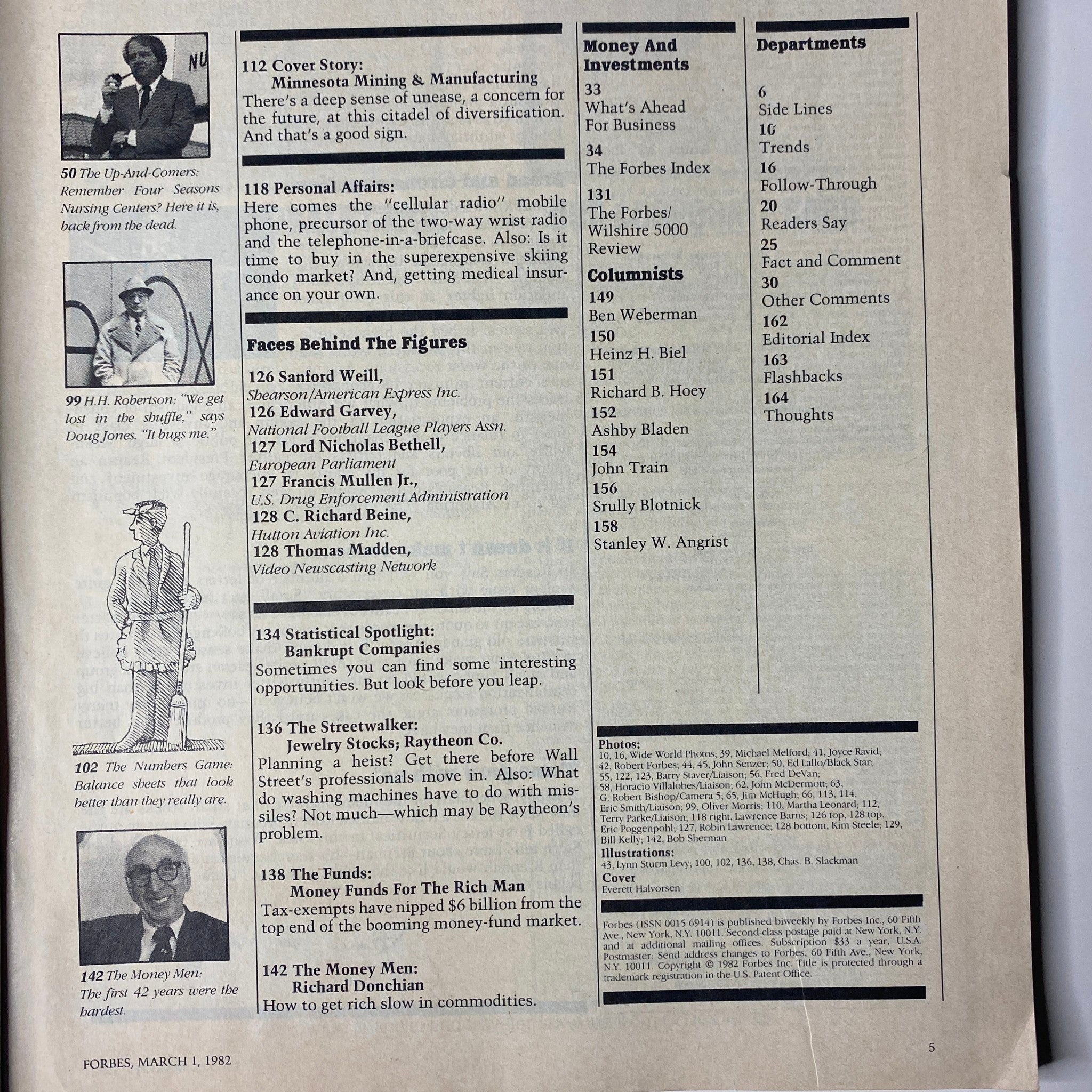 Another interior page from Forbes Magazine dated March 1, 1982, featuring business news topics, statistical insights, and departments within the publication.