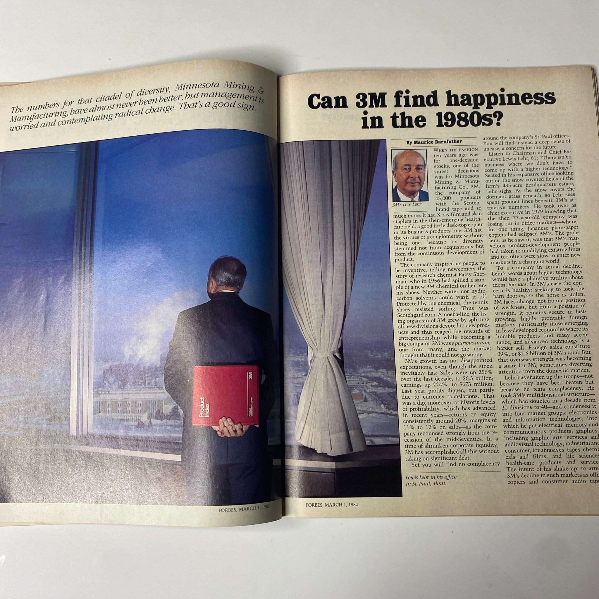 Spread from Forbes Magazine, March 1, 1982, discussing 3M's business outlook in the 1980s with insights into corporate strategies and management concerns.