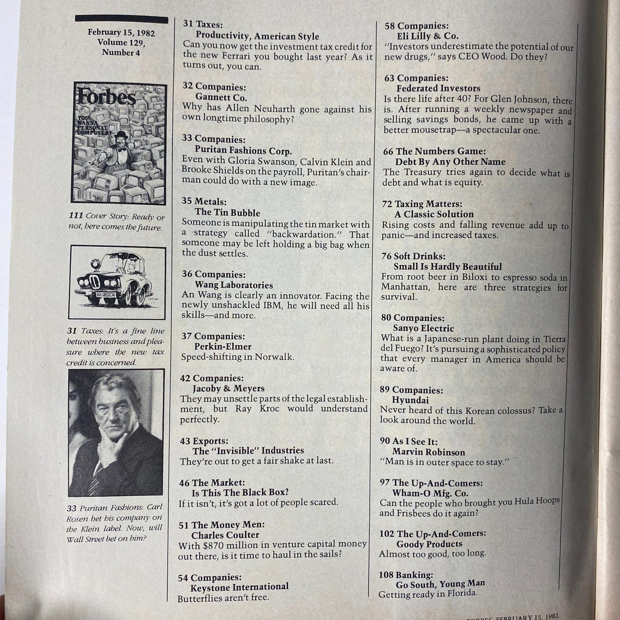 Table of contents page from Forbes Magazine, February 15, 1982, listing featured articles including 'Ready or Not, Here Comes the Future' and details on various companies and trends.
