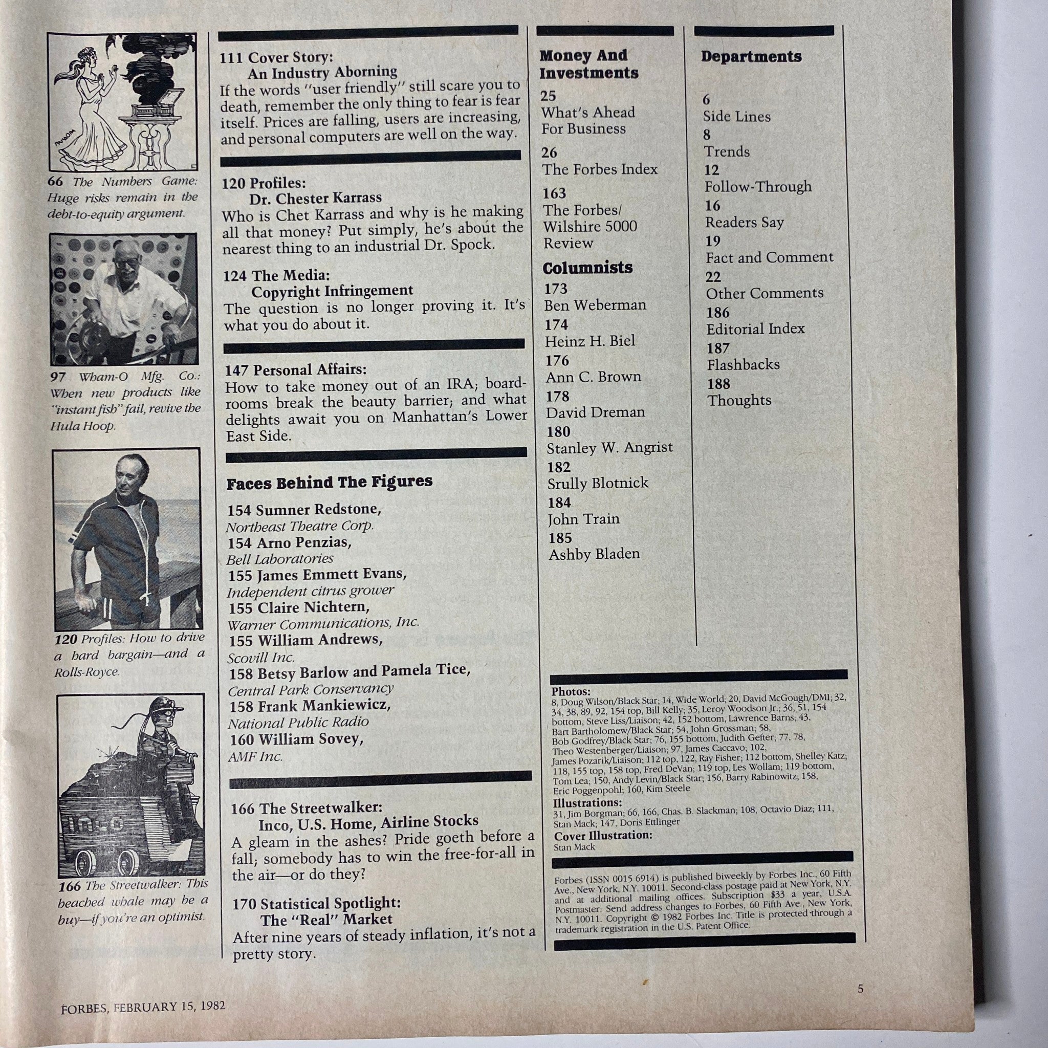 Second page of contents from Forbes Magazine, February 15, 1982, featuring sections on profiles, companies, and economic insights related to the cover story 'Ready or Not, Here Comes the Future'.