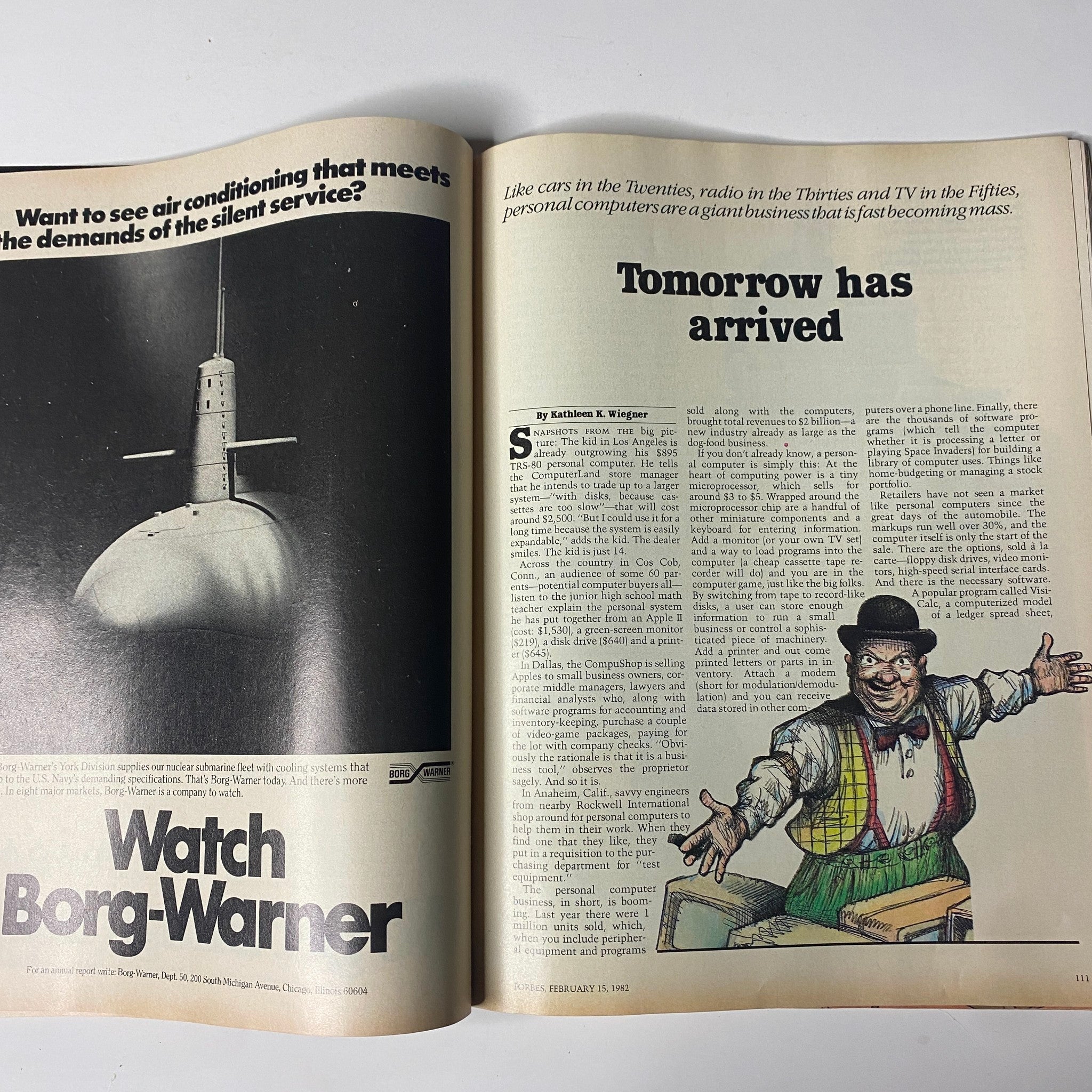 Interior page of Forbes Magazine, February 15, 1982, discussing the arrival of personal computers, with illustrations in relation to the cover story 'Ready or Not, Here Comes the Future'.