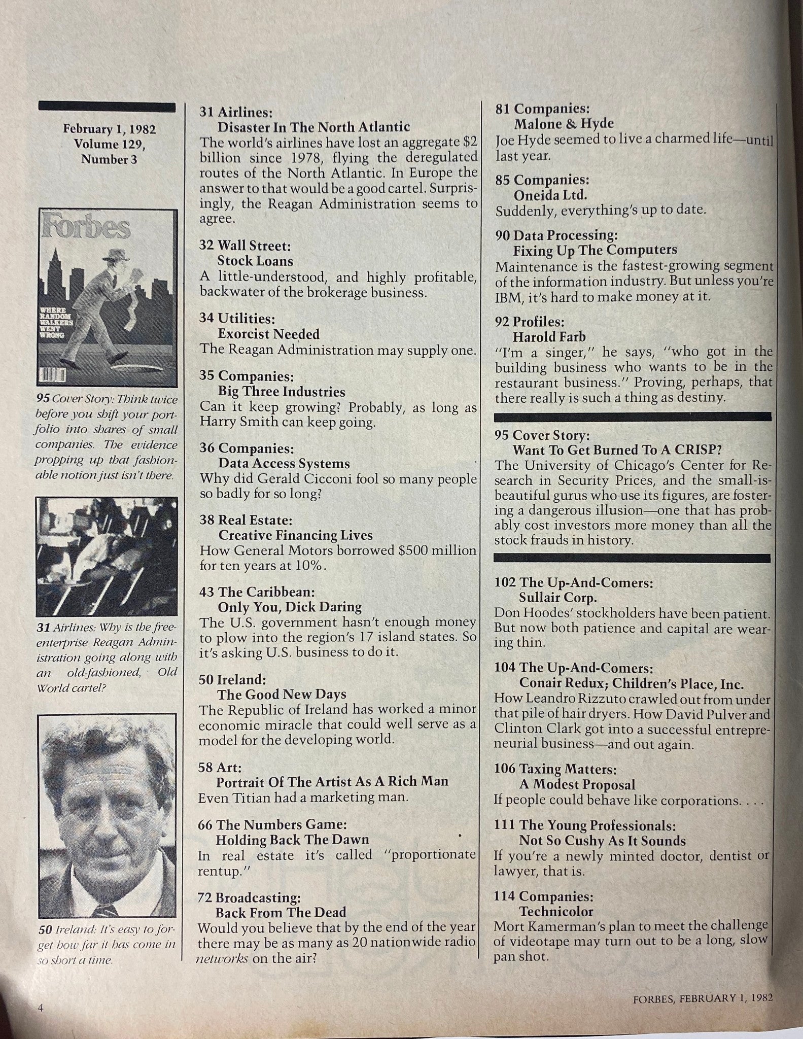 Inside page of Forbes Magazine, February 1, 1982, showcasing articles and headlines including 'Disaster In The North Atlantic' and 'The Good New Days: Ireland’s Economic Miracle'.