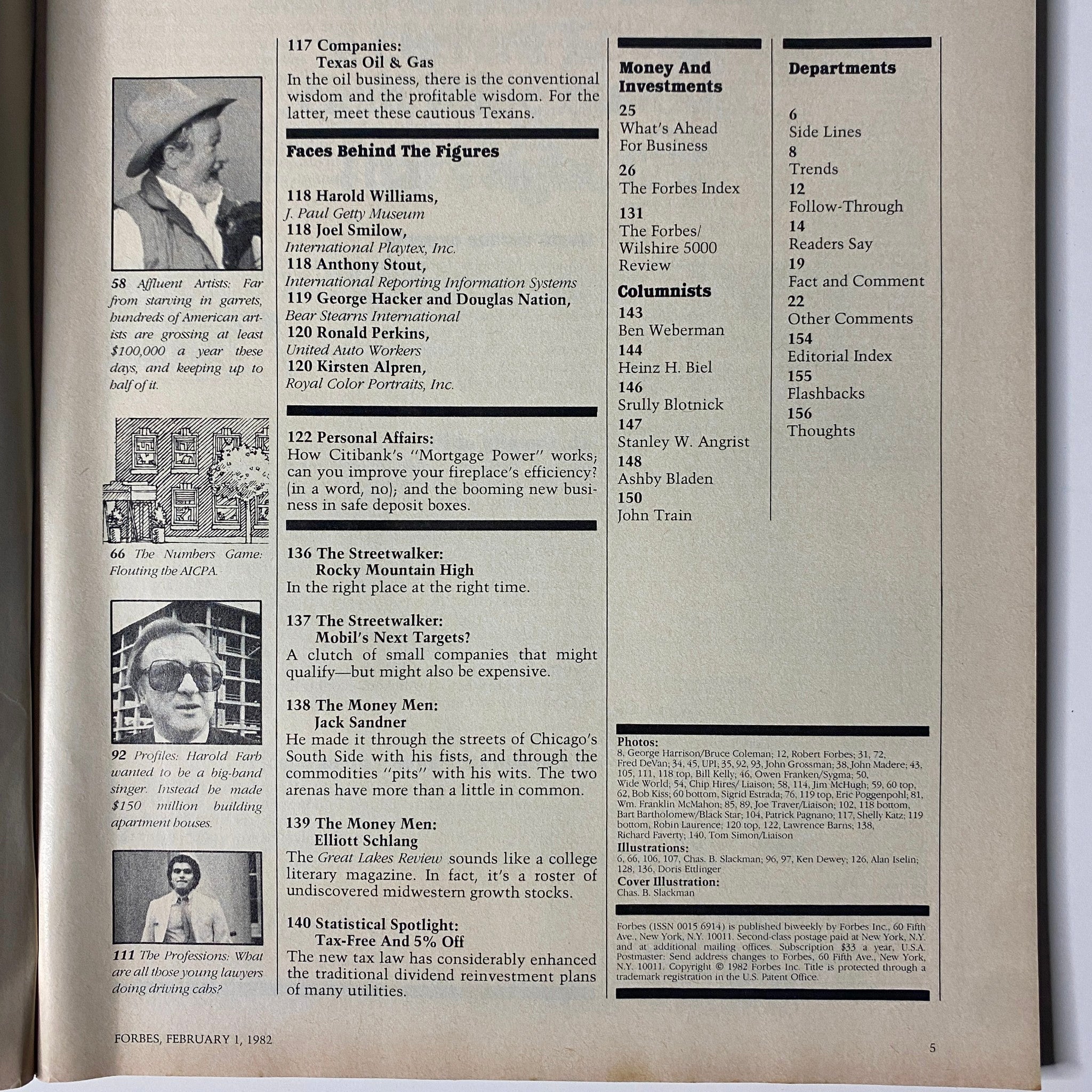 Another inside page of Forbes Magazine, February 1, 1982, featuring various articles, including a profile on corporate strategies and economic insights from the era.