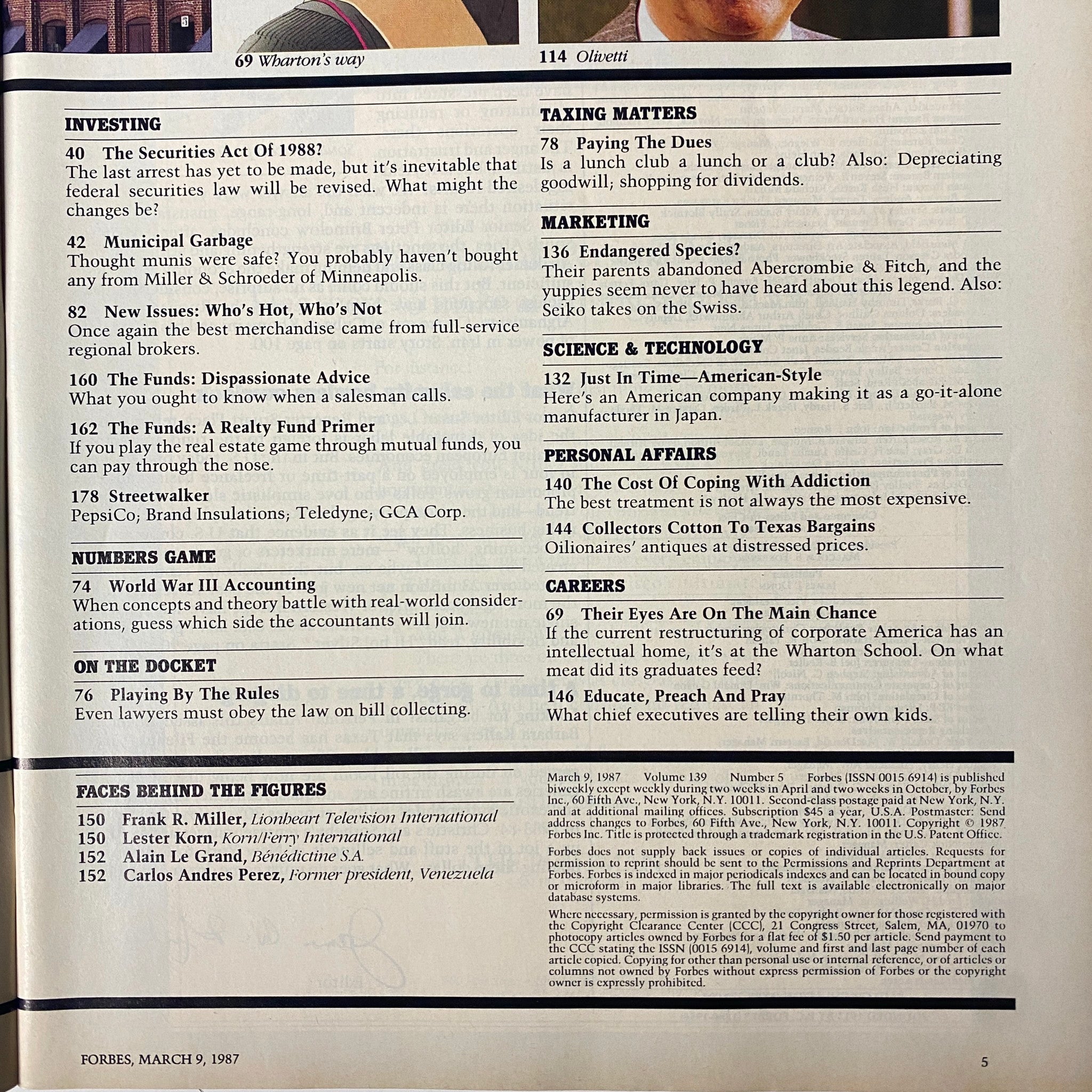 Inside page of Forbes Magazine March 9, 1987 showing various articles focused on economics, investing, and personal affairs.