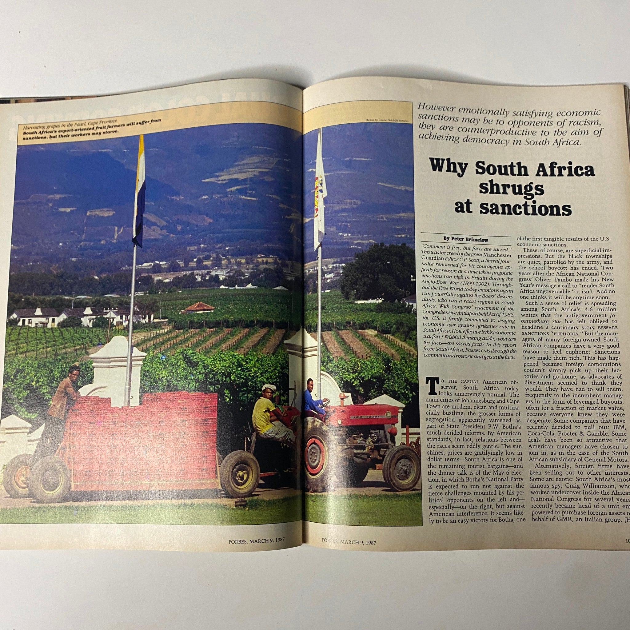 Article spread from Forbes Magazine March 9, 1987 titled 'Why South Africa Shrugs at Sanctions' discussing the effects of economic sanctions.