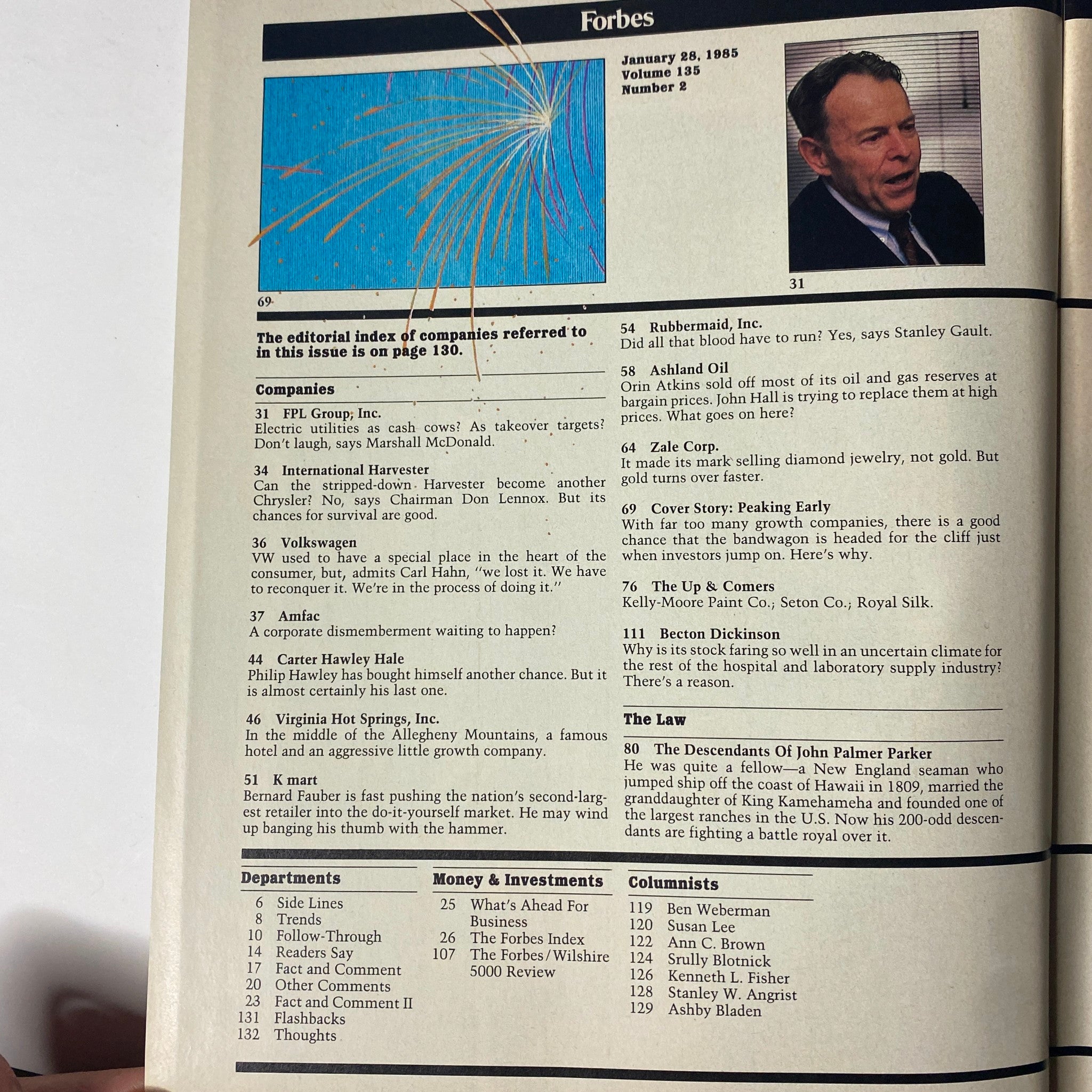 Interior page of Forbes Magazine January 28, 1985 displaying the editorial index and a list of companies featured, significant for collectors and business history enthusiasts.