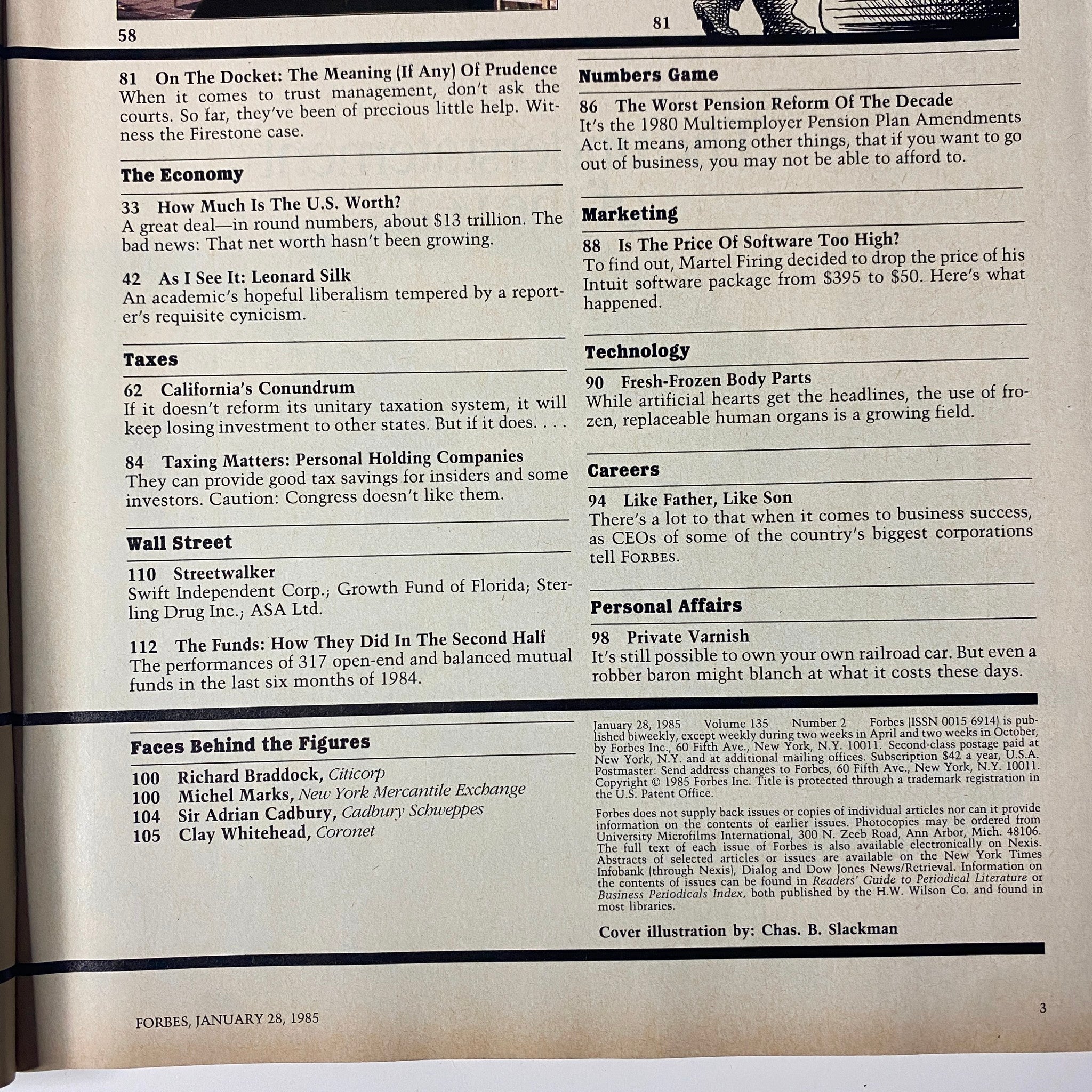 Another interior page from Forbes Magazine January 28, 1985 outlining various topics including the U.S. economy, taxes, and marketing trends in the mid-1980s.