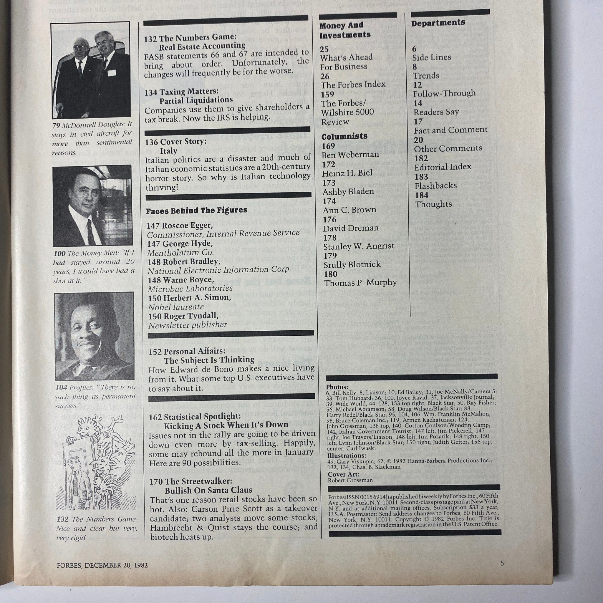 Forbes Magazine December 20, 1982 inside page featuring articles and topics such as 'McDonnell Douglas' and 'The Numbers Game' in the magazine's issue.
