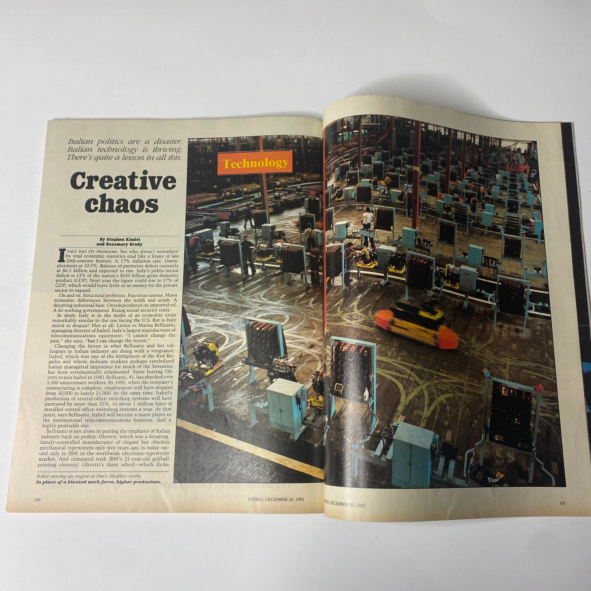 Forbes Magazine December 20, 1982 inside spread showcasing an article titled 'Creative Chaos' focusing on Italian technology and production processes.