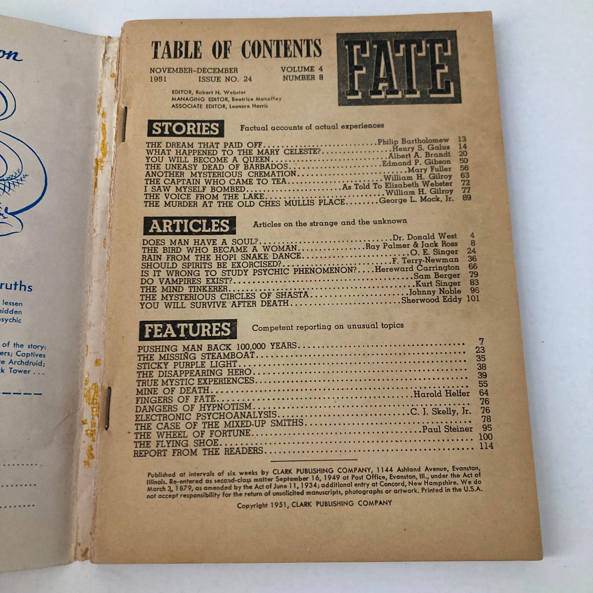 Table of contents of VTG Fate Magazine November 1951 No. 24 displaying article titles and features, reflecting the vintage publication's focus on strange and unusual stories.