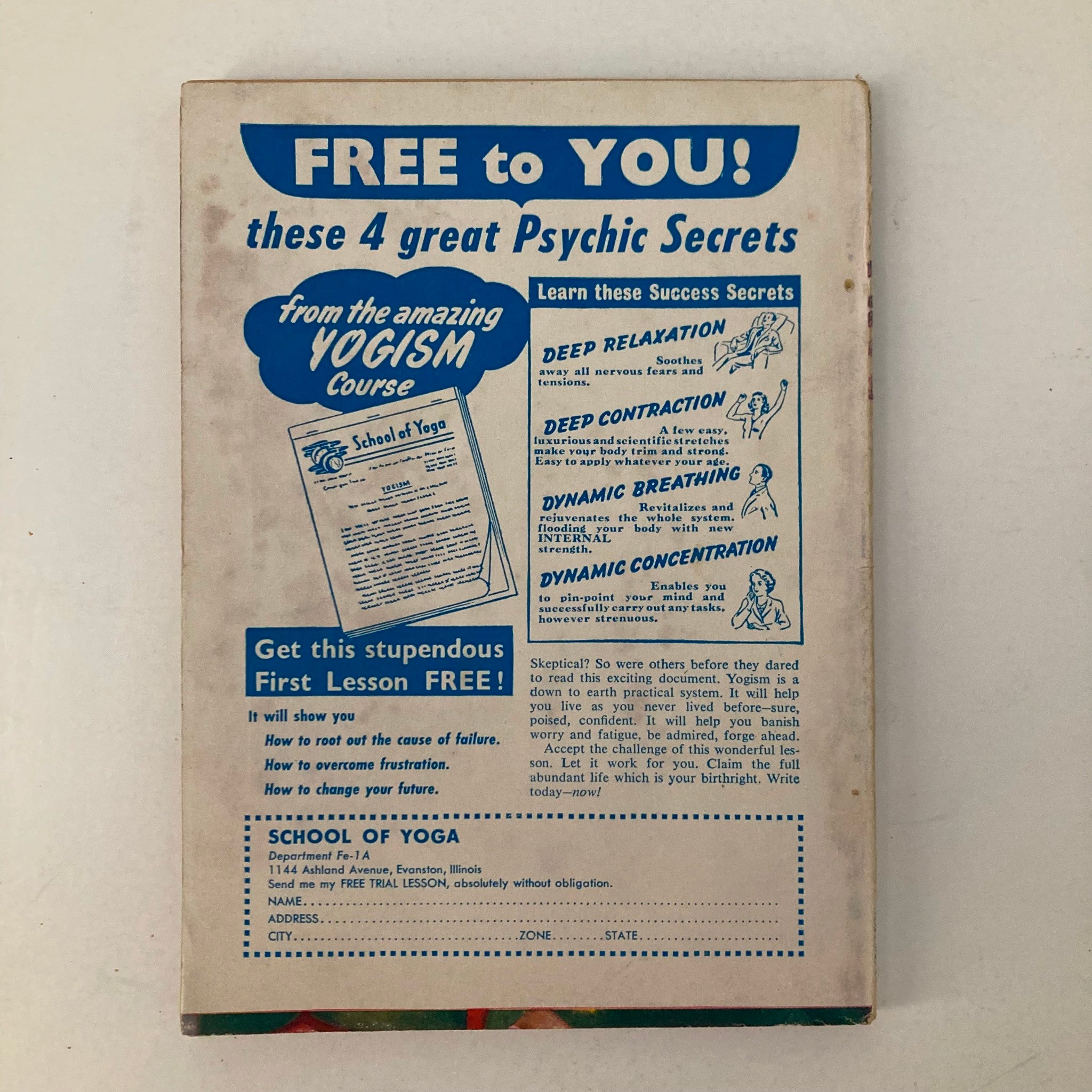 Back cover of the VTG Fate Magazine November 1951 No. 24 featuring an advertisement for a Yoga course with four psychic secrets, promoting wellness practices such as deep relaxation and dynamic breathing.