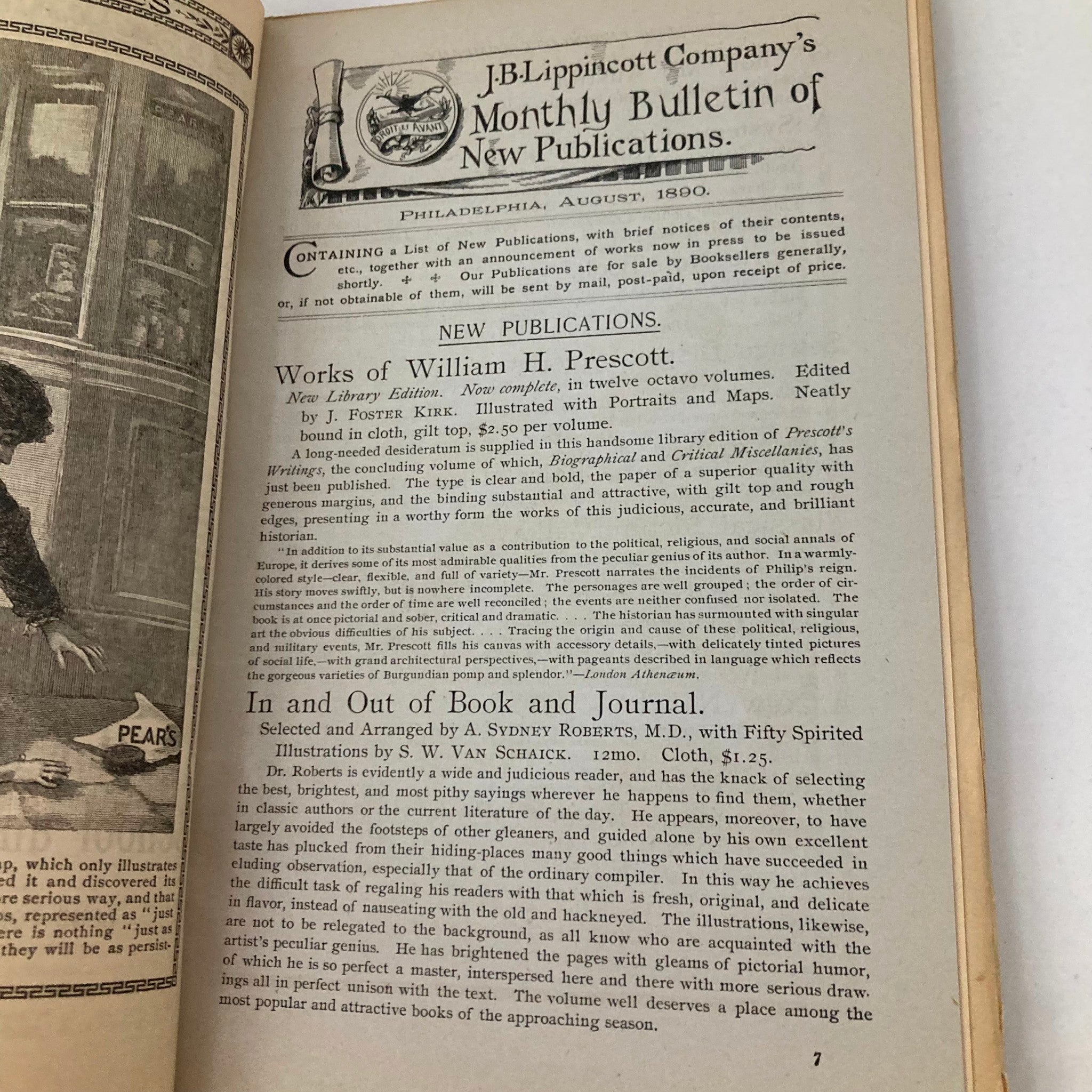 Inside page of Lippincott's Magazine August 1890 showing a monthly bulletin of new publications, featuring information about works by William H. Prescott.