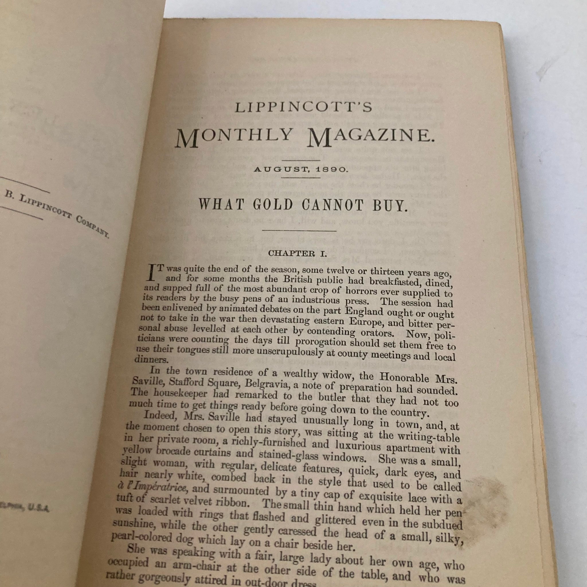 Featured opening page of Lippincott's Magazine August 1890 with the title of the story 'What Gold Cannot Buy' and the beginning of the first chapter.
