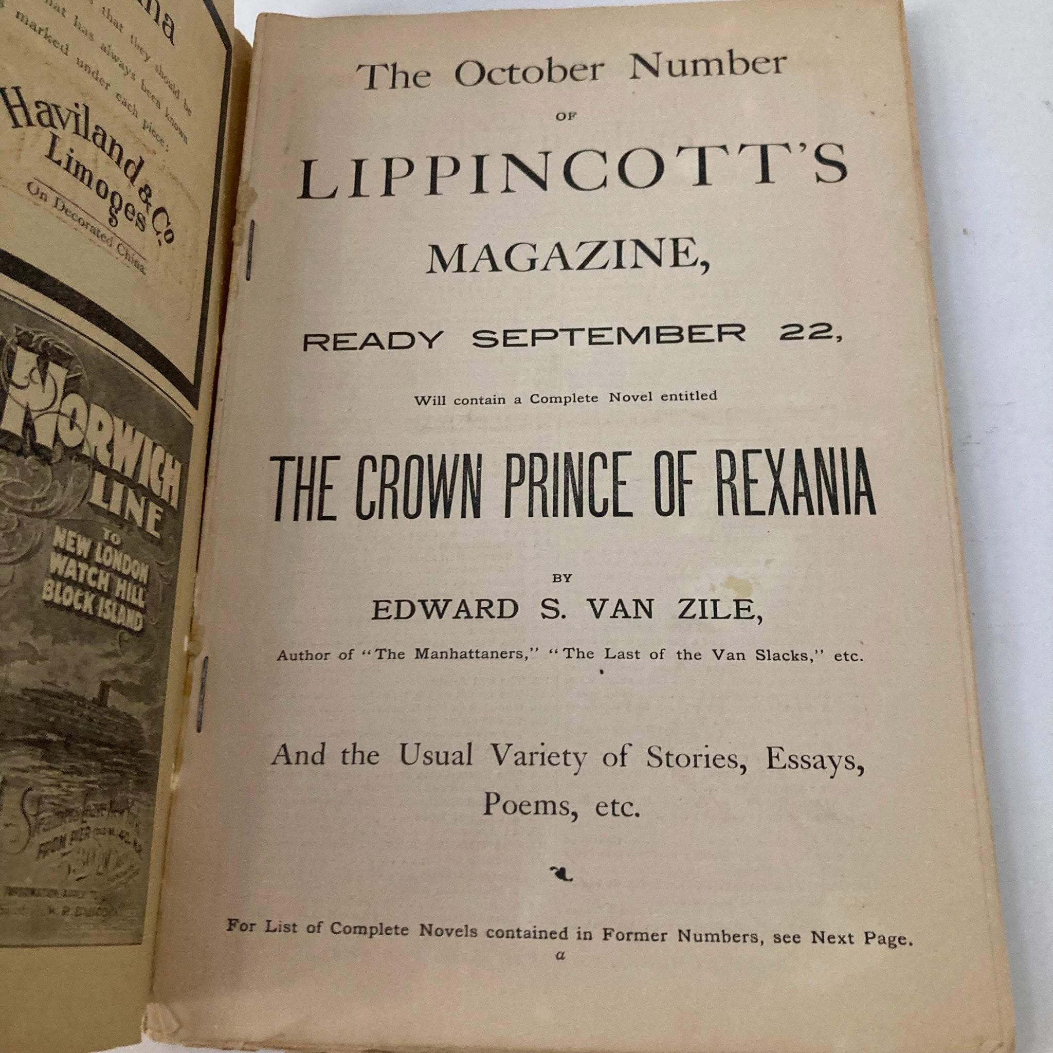 Interior page of VTG Lippincott's Magazine September 1896 featuring the announcement for an upcoming issue titled 'The Crown Prince of Rexania' by Edward S. Van Zile.