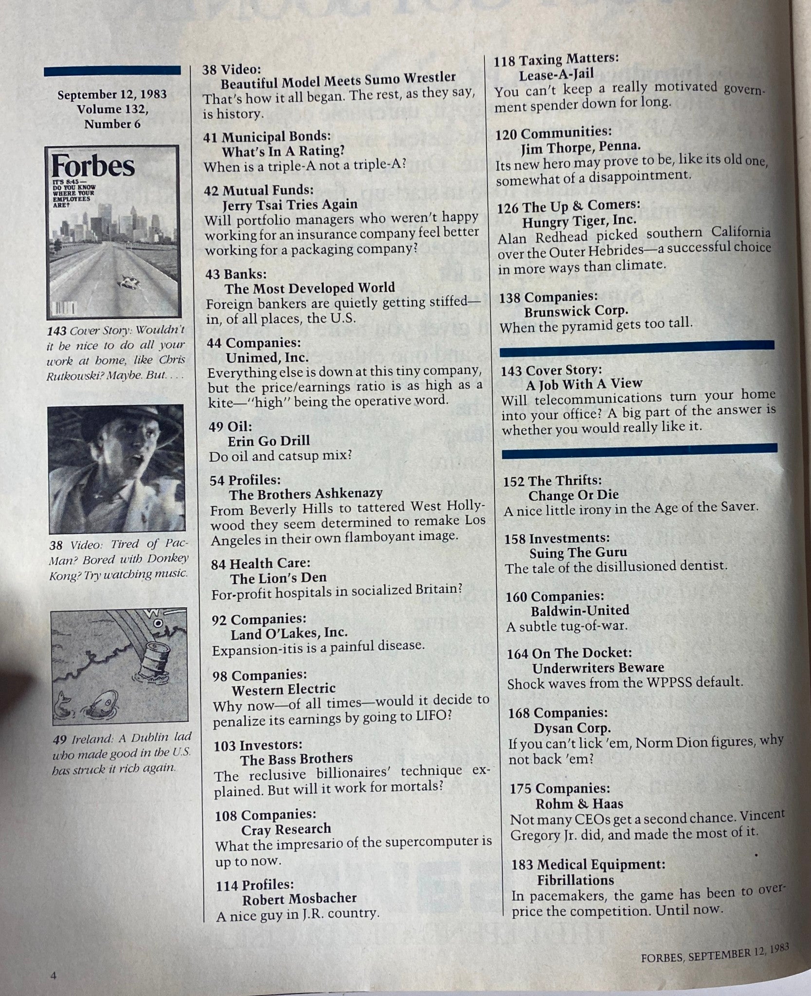 Table of contents page from Forbes Magazine September 12, 1983, listing articles including 'A Job With A View' and various finance insights.