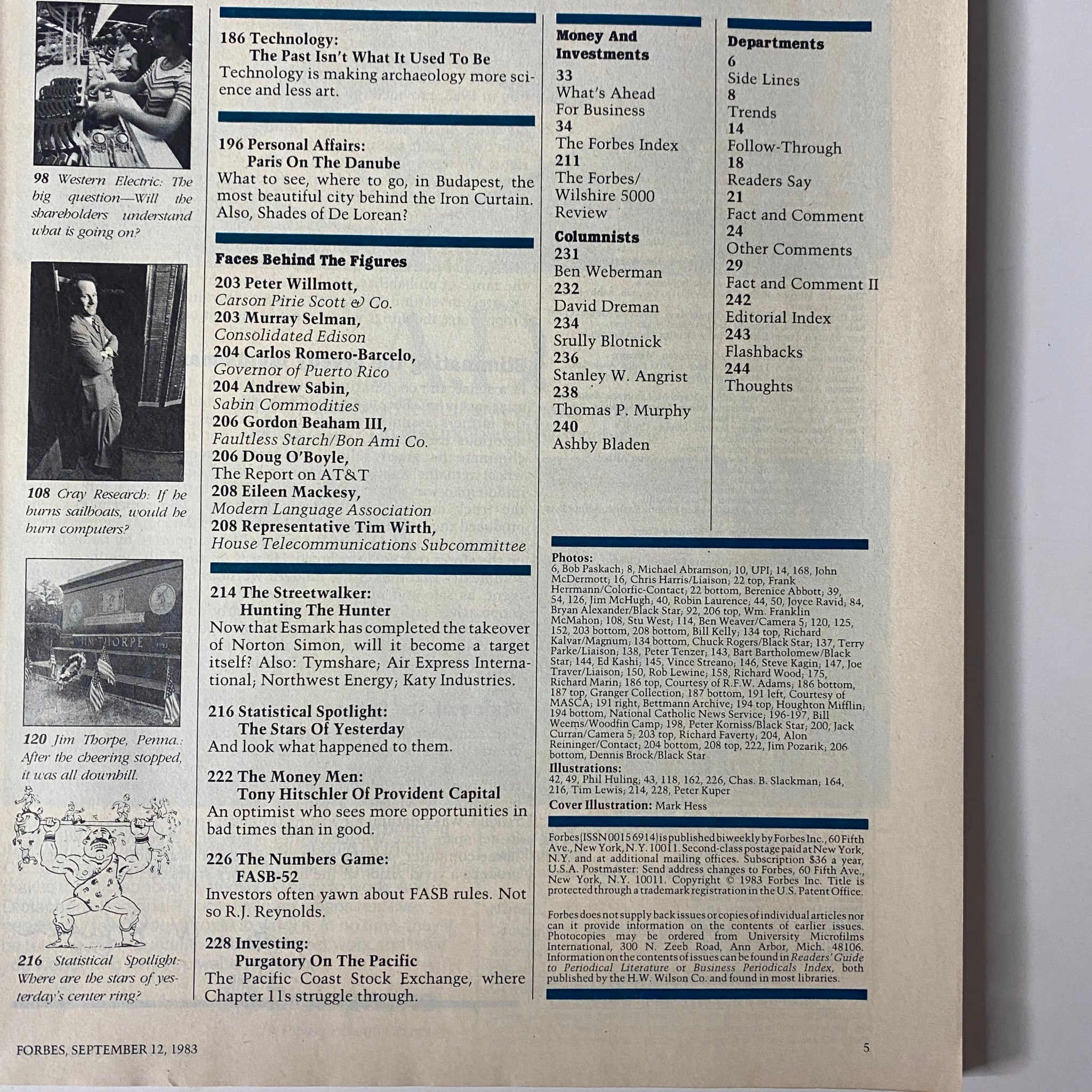 Forbes Magazine - September 12, 1983, Interior Page Featuring Table of Contents with Article Summaries and Columnist Listings.