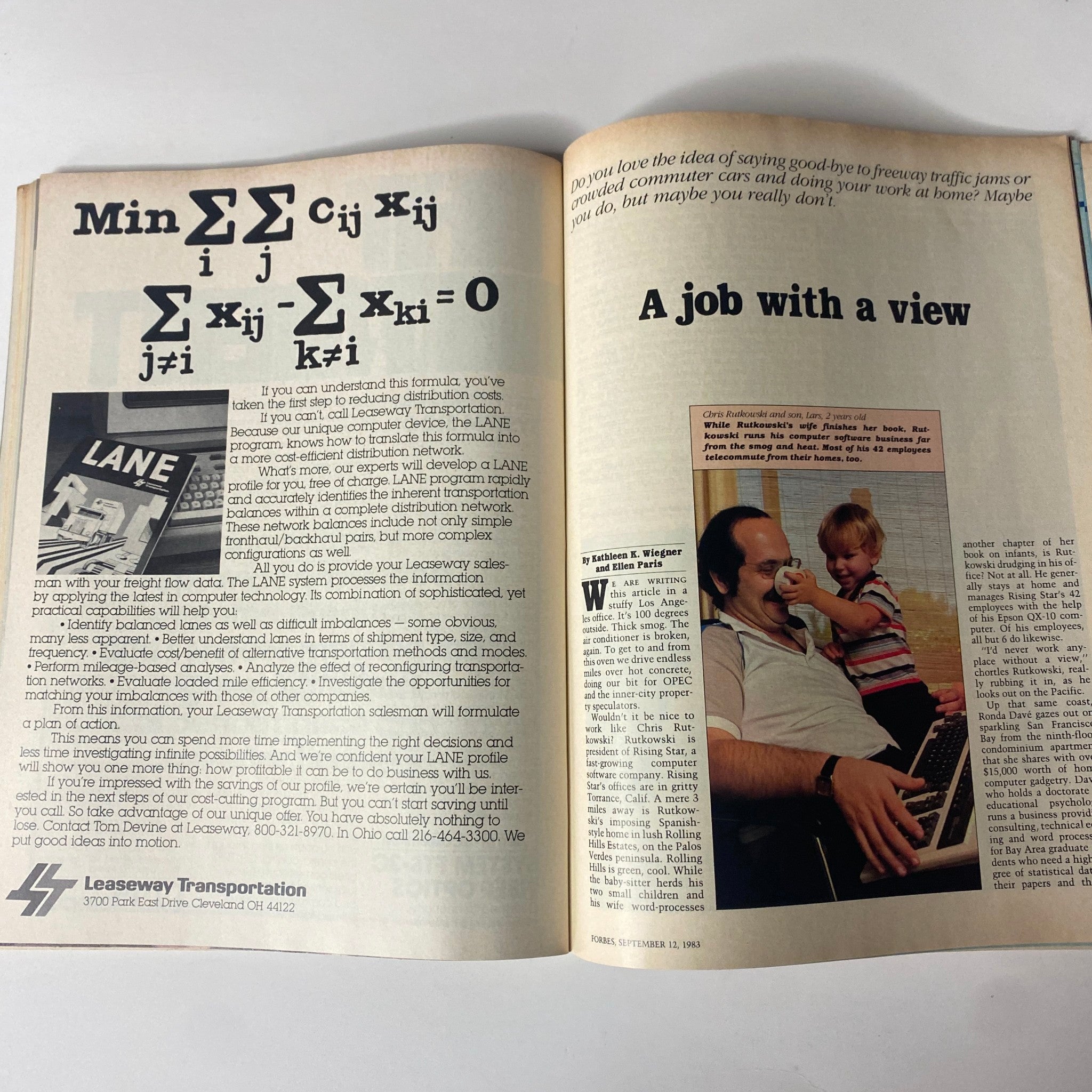 Forbes Magazine - September 12, 1983, Article Spread on Remote Work, titled 'A Job with a View,' Discussing Home Telecommuting Opportunities.