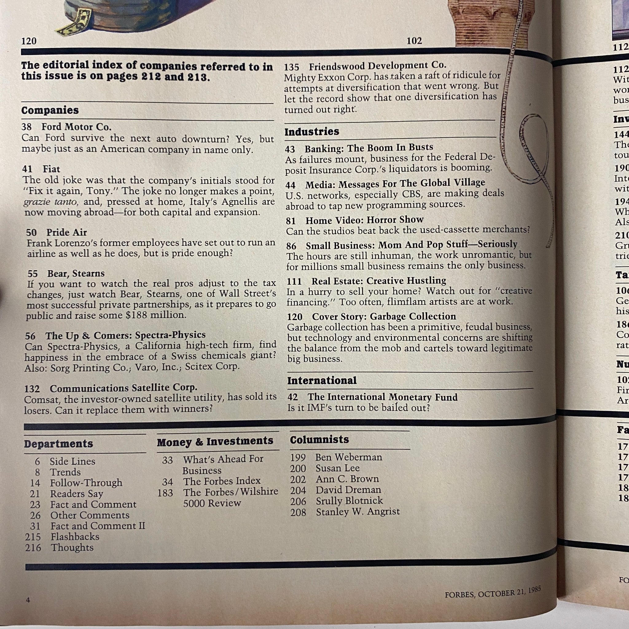 Editorial index page of Forbes Magazine from October 21, 1985, detailing featured companies and topics, including garbage collection and the economic landscape of the 1980s.
