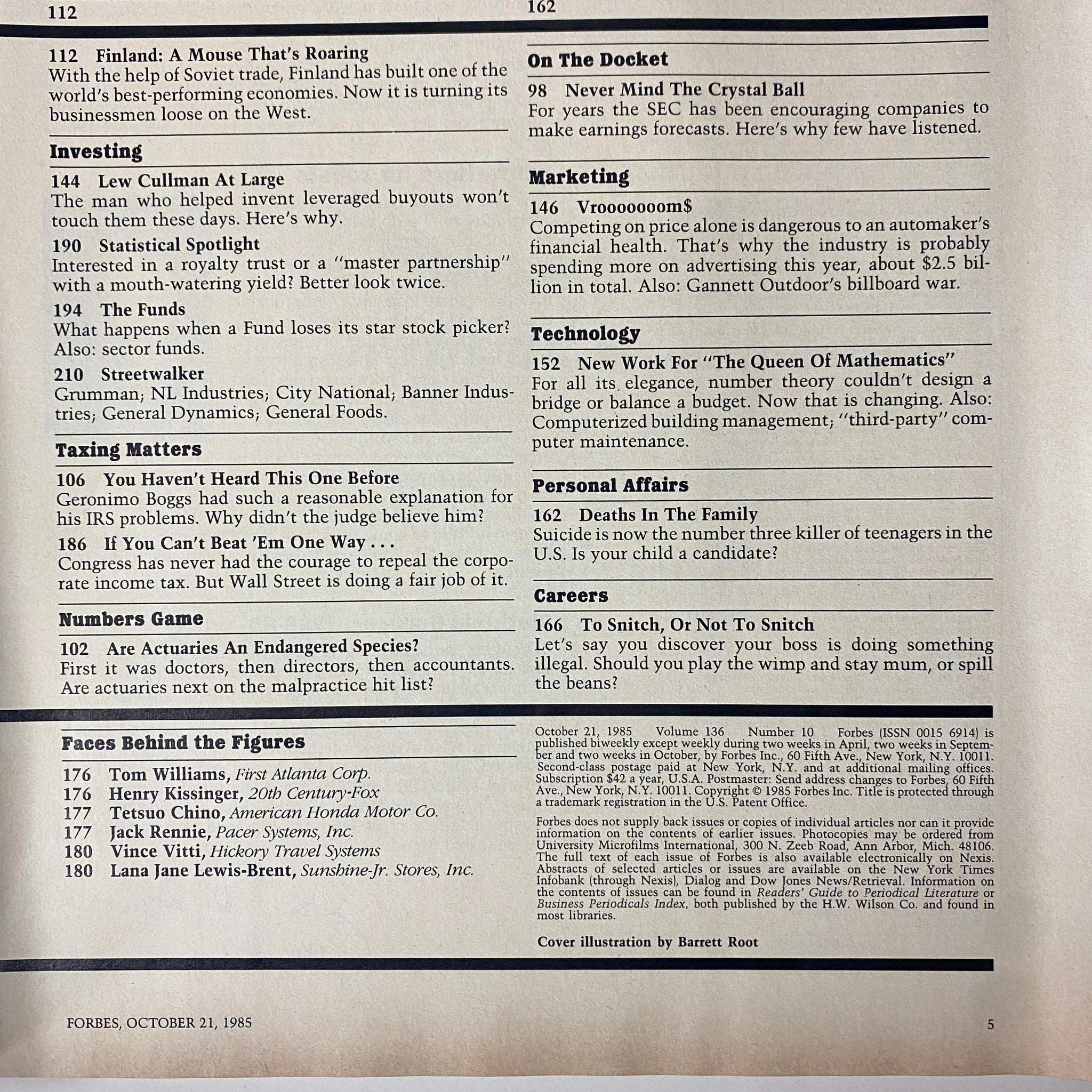 Interior pages of Forbes Magazine, October 21, 1985, featuring articles on investing, marketing, and various business topics from the era.