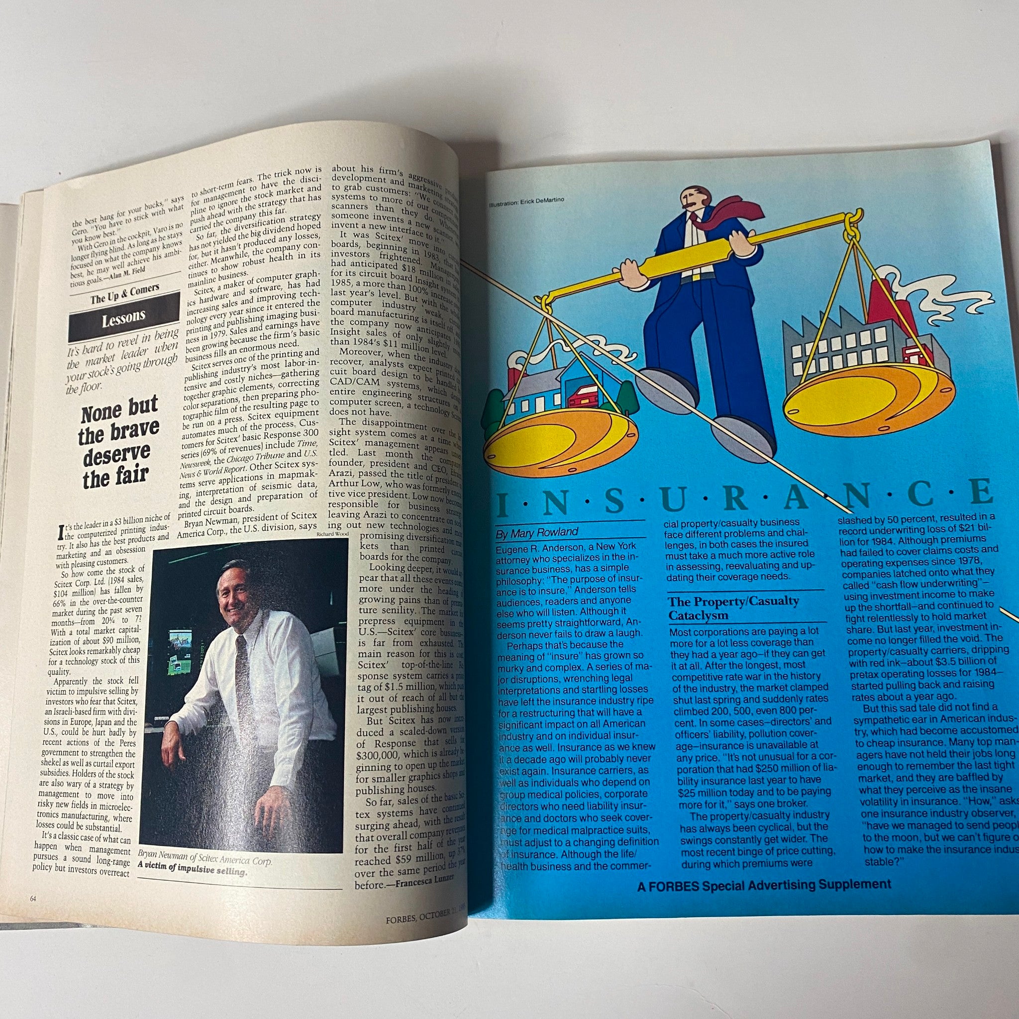 Article spread from Forbes Magazine, October 21, 1985, discussing insurance industry insights alongside an illustration thematic to the topic.