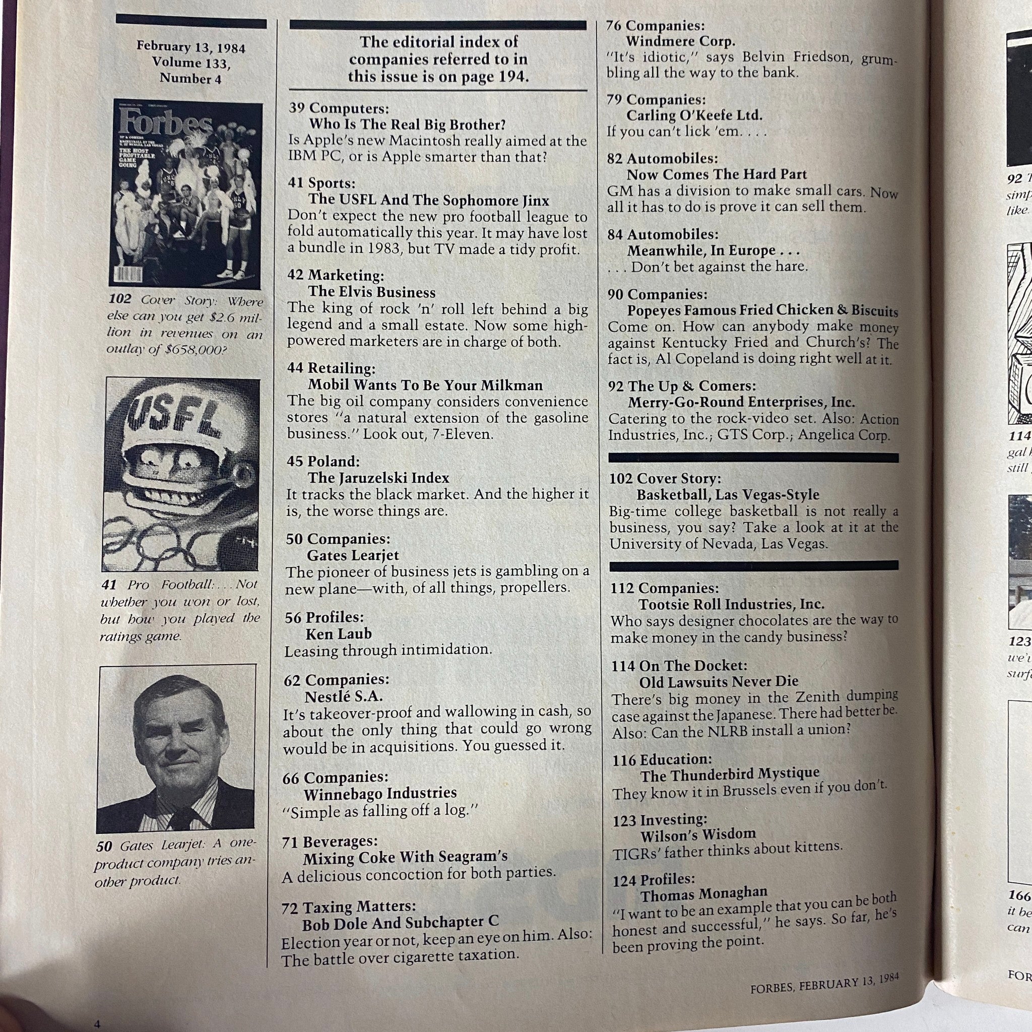 Editorial index page of Forbes Magazine, February 13, 1984, highlighting major articles including 'Basketball, Las Vegas-Style' and 'The Elvis Business,' reflecting the economic themes of the issue.