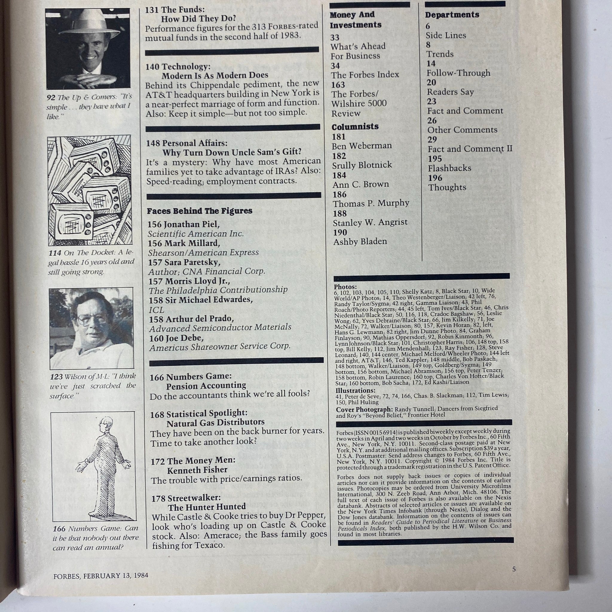 Forbes Magazine February 13, 1984, featuring the Table of Contents, highlighting articles on business and investments, including 'The Most Profitable Game Going.'