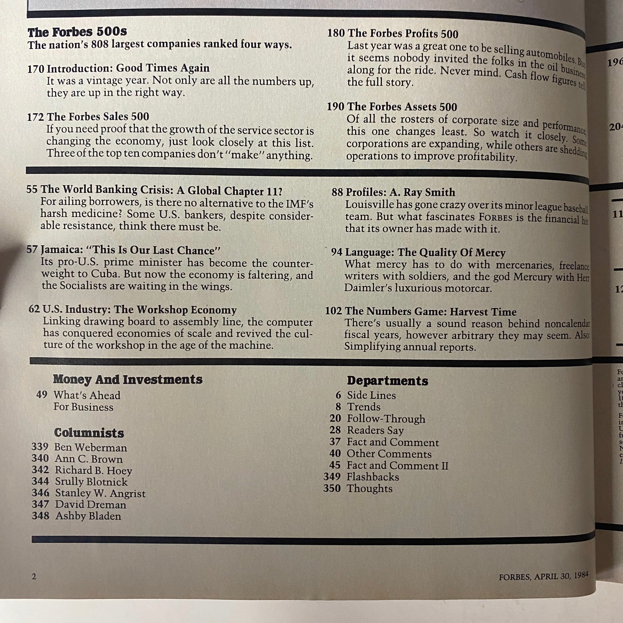 Inside page of Forbes Magazine April 30, 1984, showcasing the 'Forbes 500s' introduction and ranking details of the nation's largest companies.