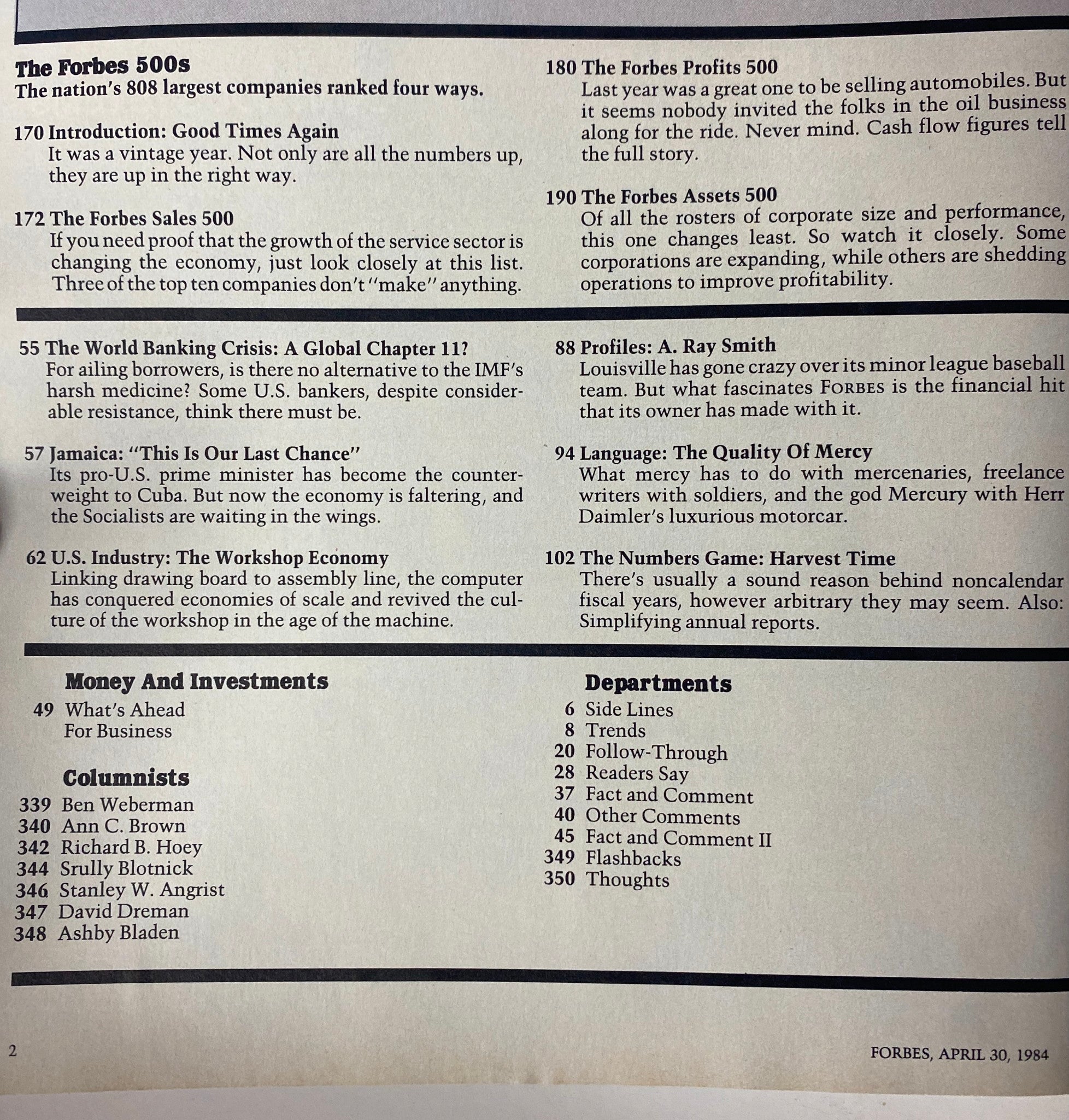 Second inside page of Forbes Magazine April 30, 1984, elaborating on topics including the World Banking Crisis and the Workshop Economy, part of the discussion in the 'Forbes 500s' feature.