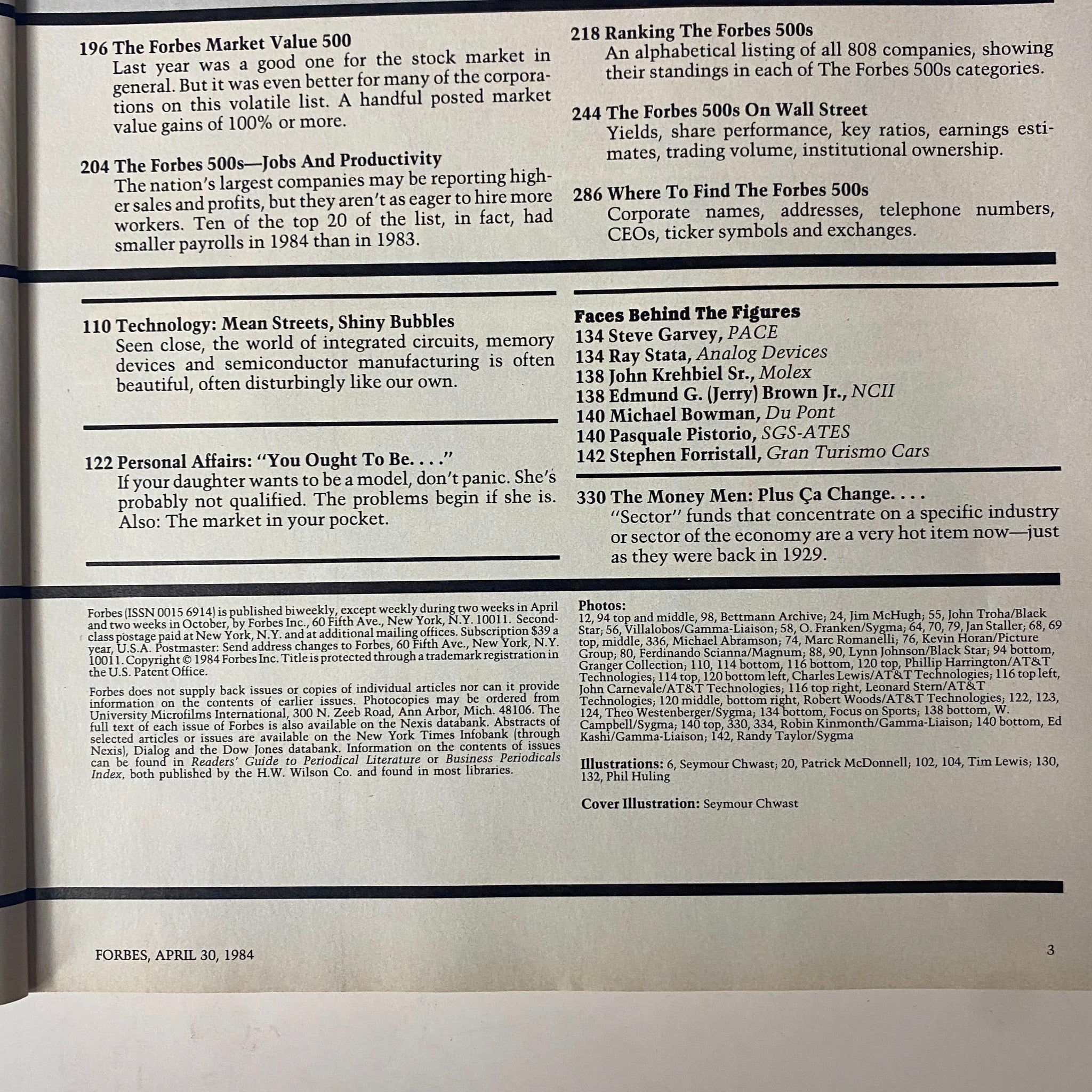 Interior page of Forbes Magazine April 30, 1984, showcasing various articles including technology trends, personal affairs, and economic insights from the era.