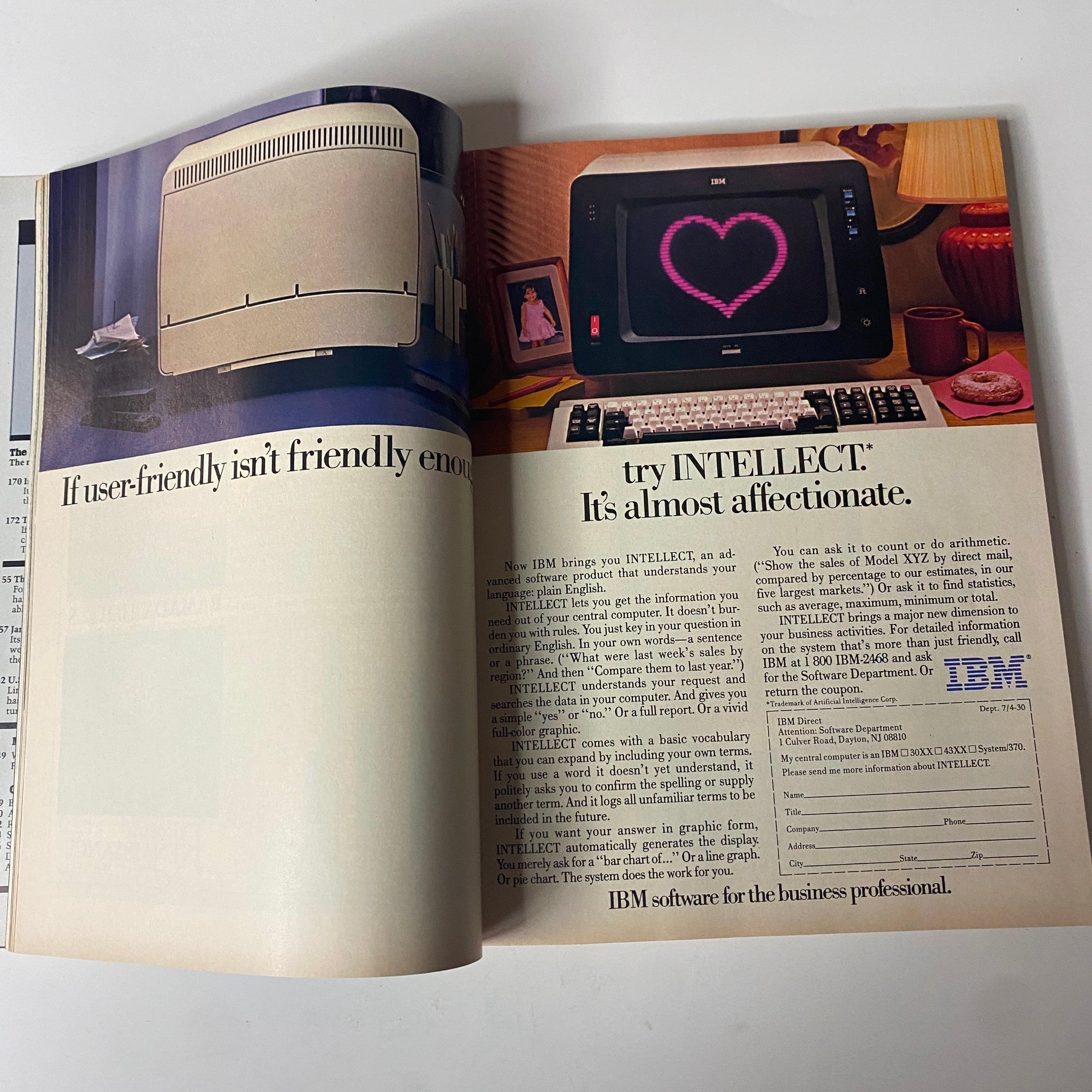 Advertisement for IBM's Intellect software in Forbes Magazine April 30, 1984, highlighting features of user-friendly technology.