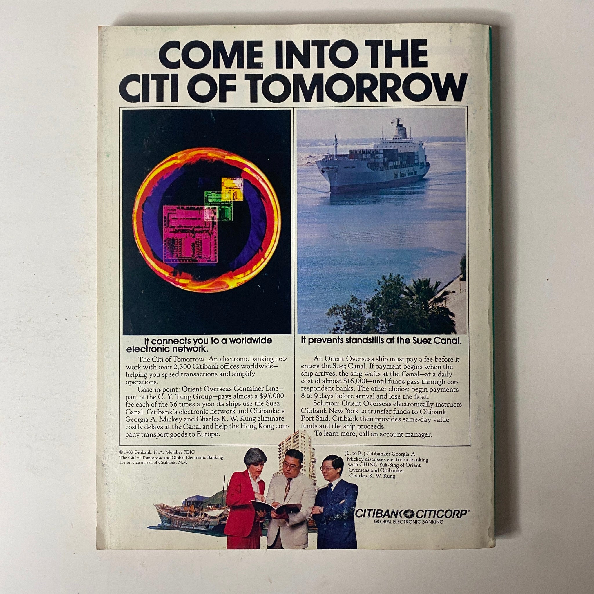 Citibank advertisement in Forbes Magazine April 30, 1984, promoting their electronic banking network and international services.