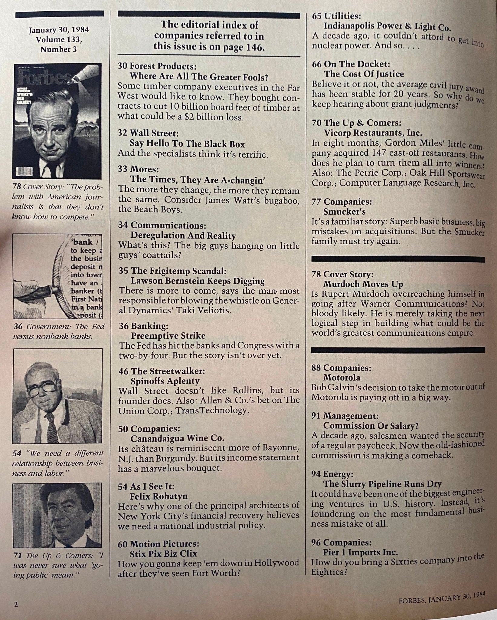 Interior page of Forbes Magazine, January 30, 1984, showcasing the editorial index of companies featured in the issue, including discussions on media and business trends.