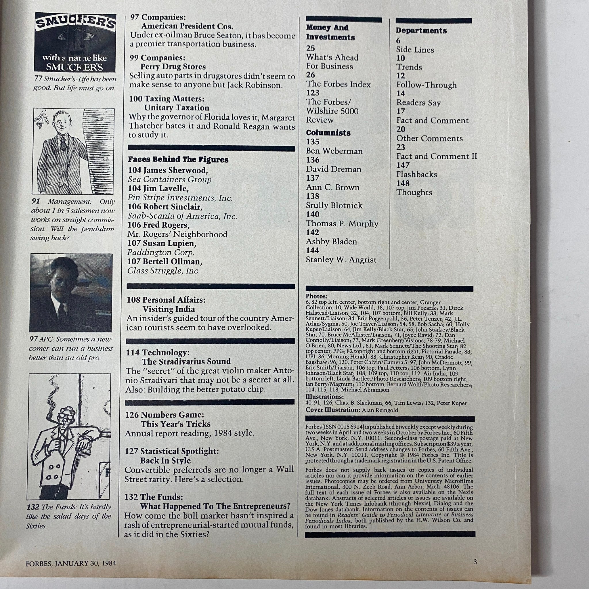 Second interior page of Forbes Magazine, January 30, 1984, displaying additional articles and a summary of features focused on major business and media developments.