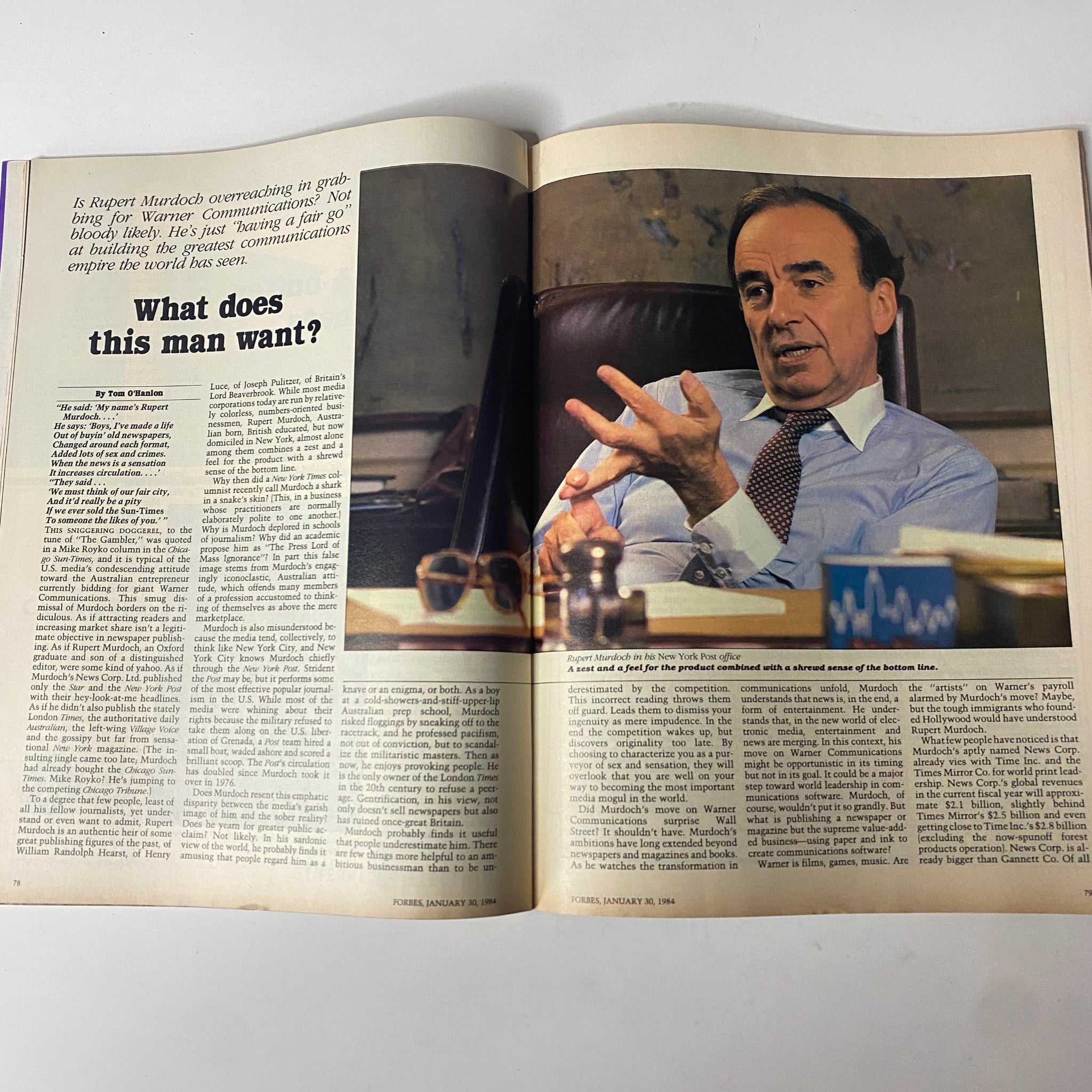Interior page of Forbes Magazine dated January 30, 1984 featuring Rupert Murdoch with a detailed article discussing his influence on American media titled 'What's His Game?'. The image captures Murdoch in a contemplative pose at his New York office.