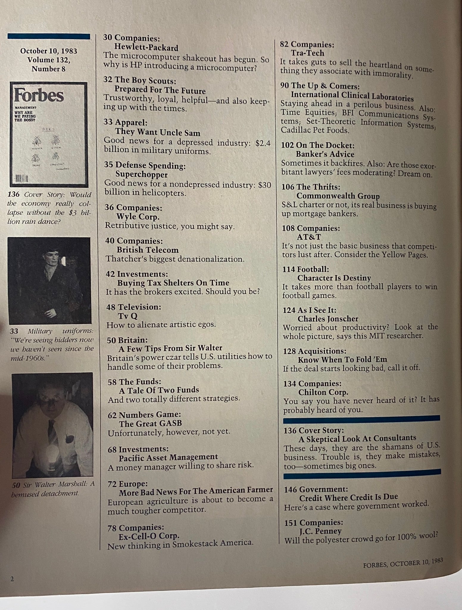 Table of contents for Forbes Magazine, October 10, 1983, detailing various articles including the main feature on executive pay with the title 'Management: Why Are We Paying The Boss?'. 